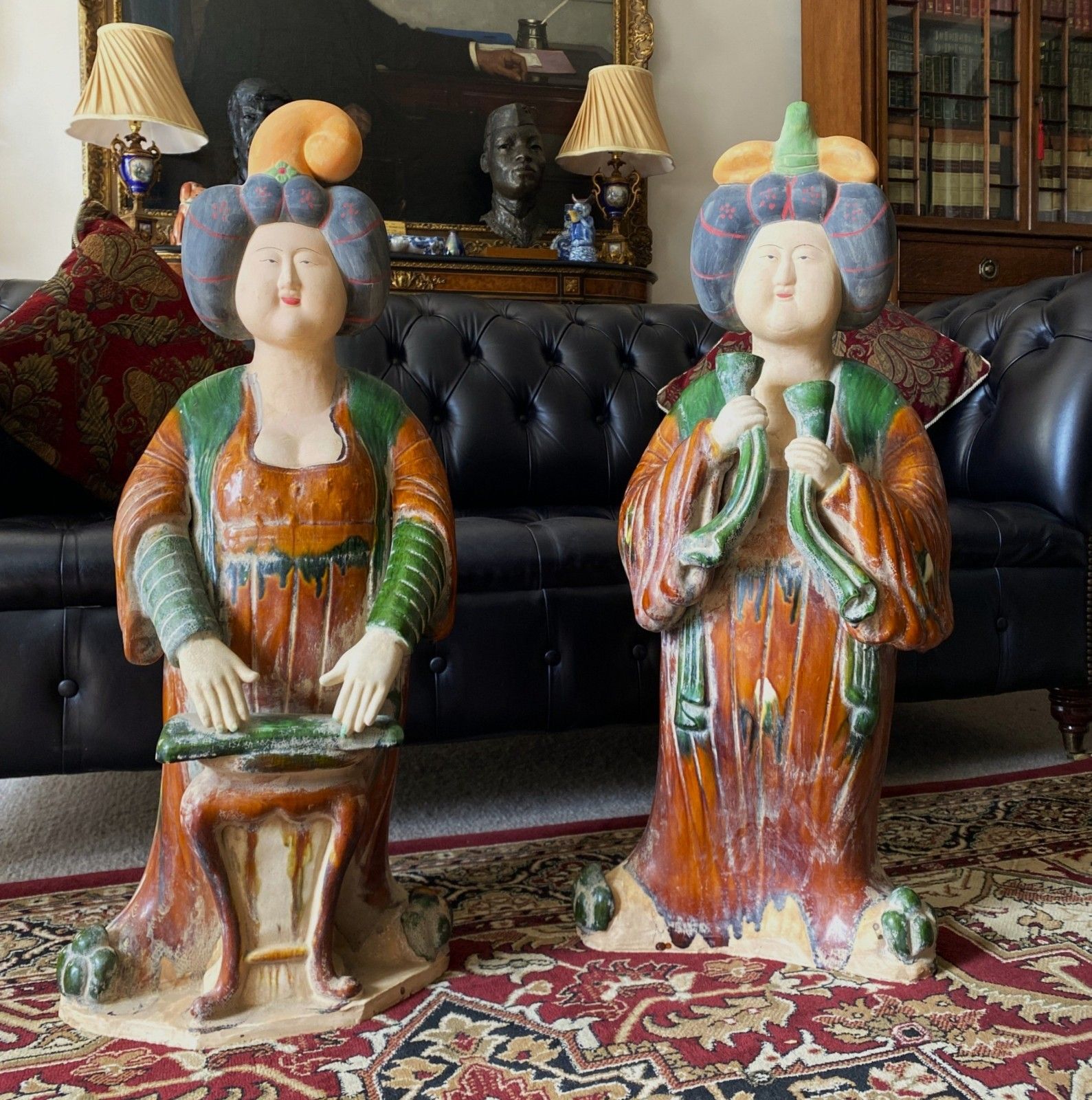 Pair 1930s Sancai Glazed Chinese Pottery Sculptures Tang Dynasty Style Musicians