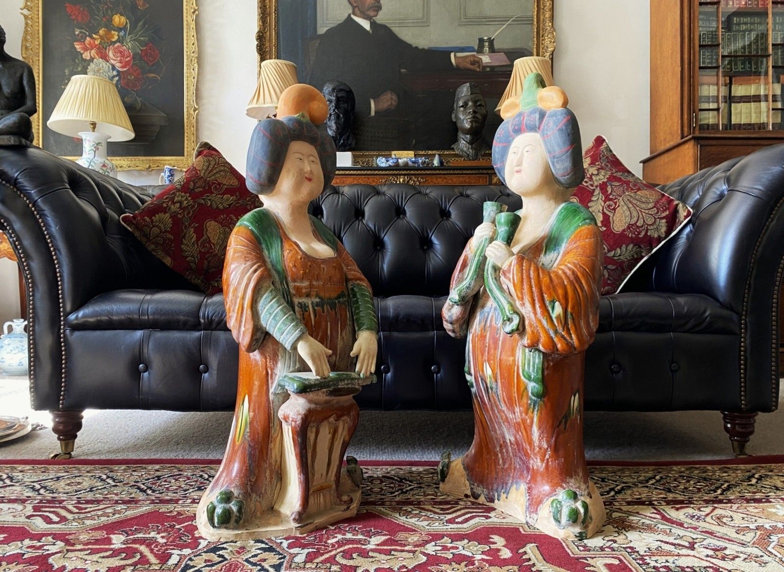 Pair 1930s Sancai Glazed Chinese Pottery Sculptures Tang Dynasty Style Musicians photo furniture