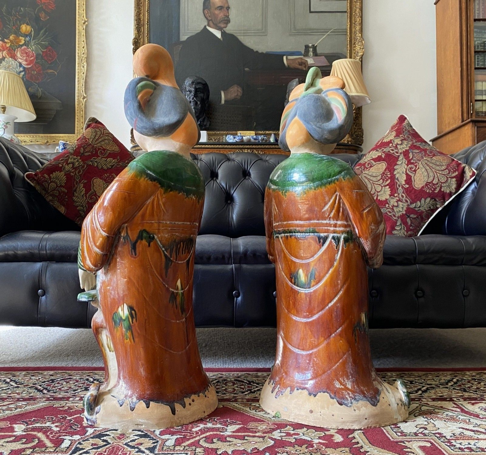 Pair 1930s Sancai Glazed Chinese Pottery Sculptures Tang Dynasty Style Musicians photo Art