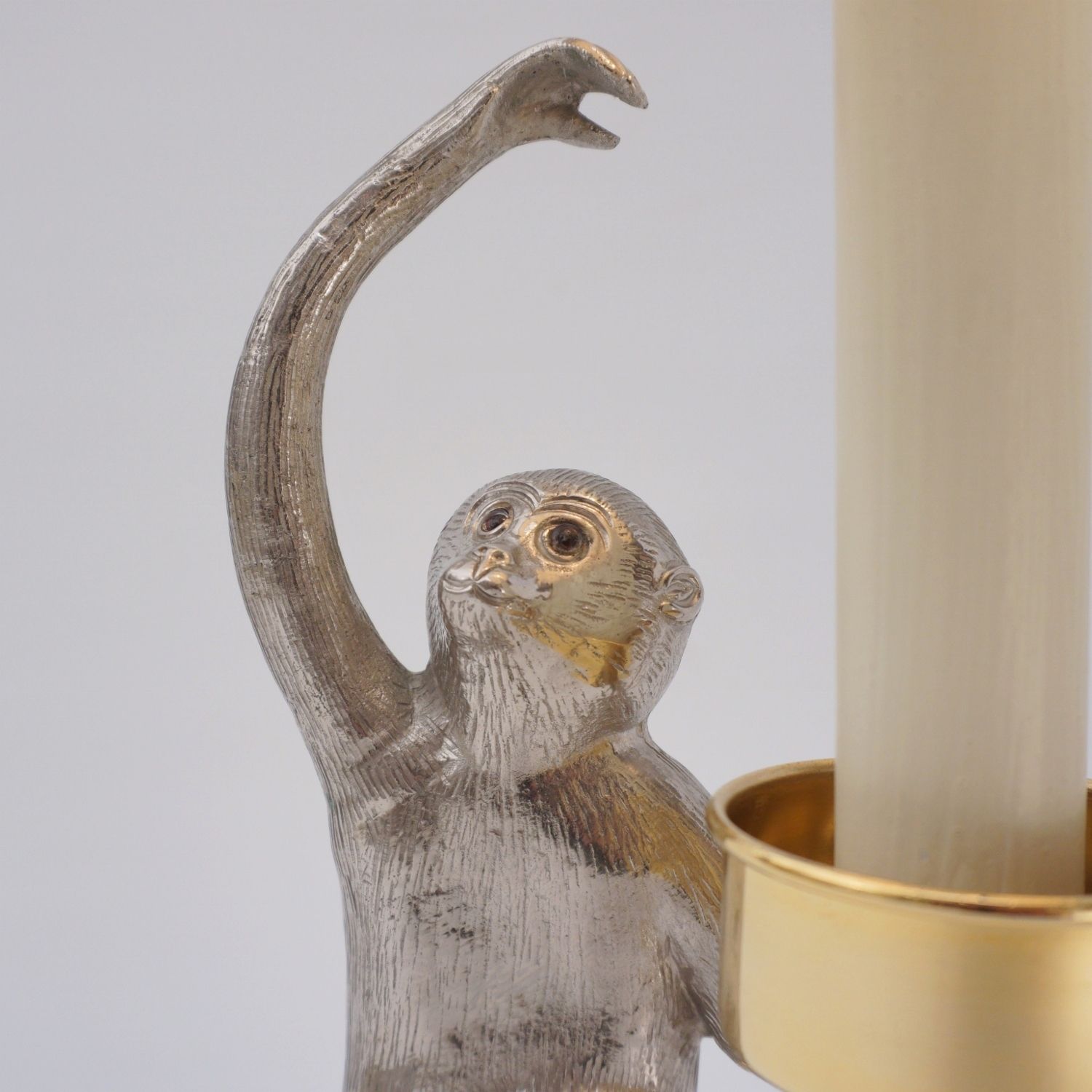 Monkey Vintage Surrealist Candlestick Table Lamp By Hauy Pouigo, Signed, In Silver Plated Bronze & Brass, 1970`s Ca, Italian photo 690.0