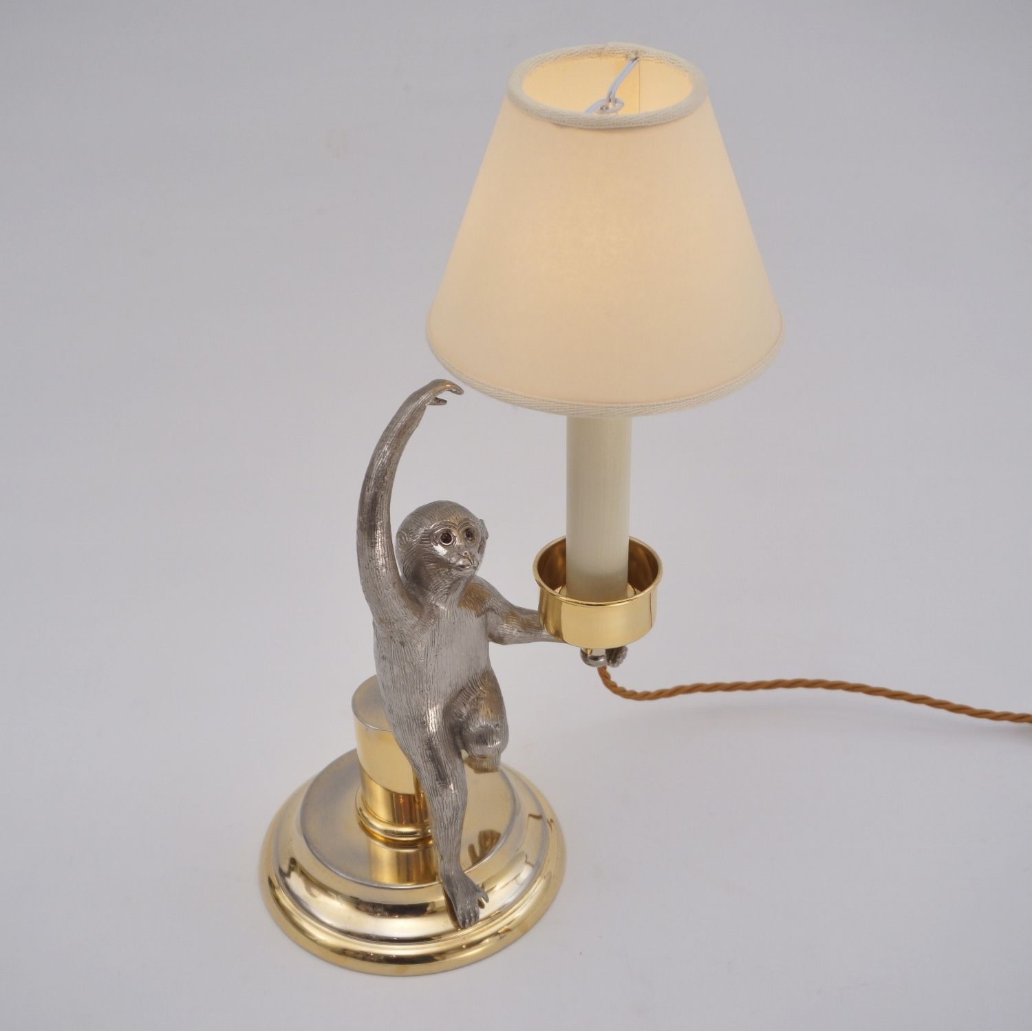 690.0 Monkey Vintage Surrealist Candlestick Table Lamp By Hauy Pouigo, Signed, In Silver Plated Bronze & Brass, 1970`s Ca, Italian photo