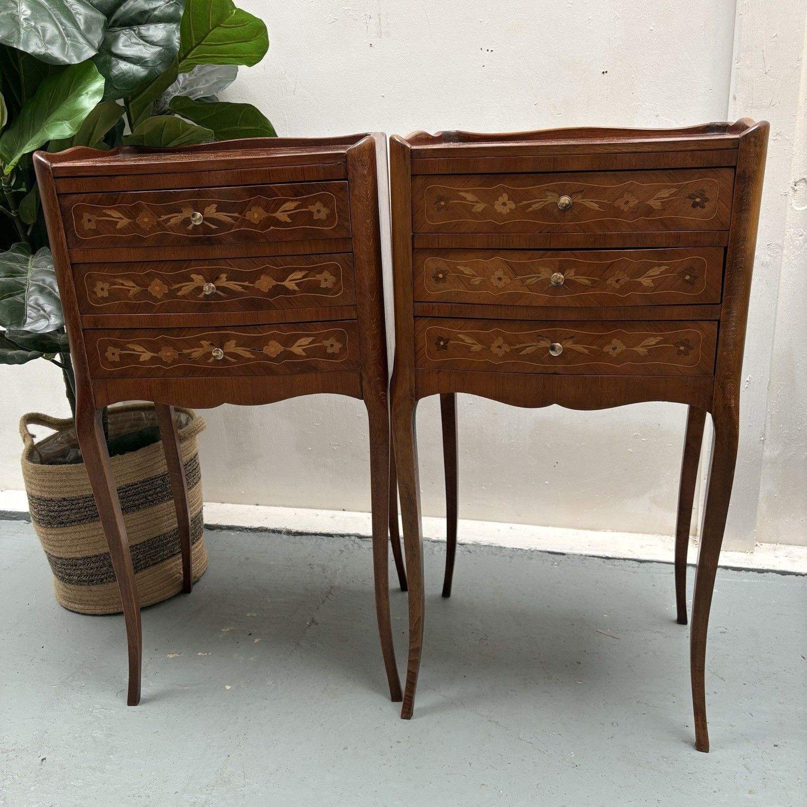 Furniture Pair French Provincial Inlaid Tulip Wood “Chevets” Nightstands Bedside Tables photo