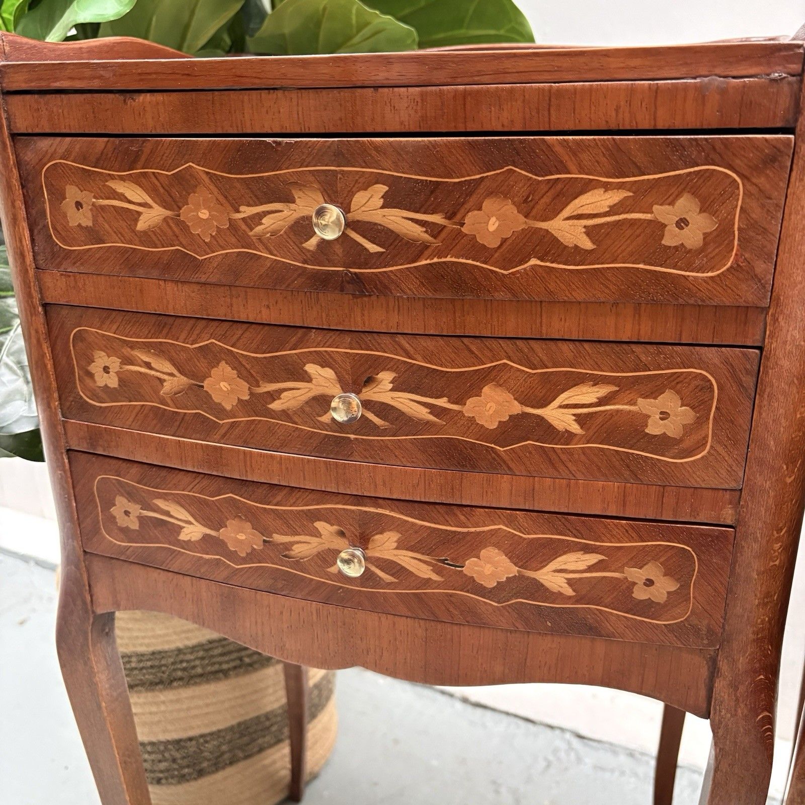 560.0 Pair French Provincial Inlaid Tulip Wood “Chevets” Nightstands Bedside Tables photo