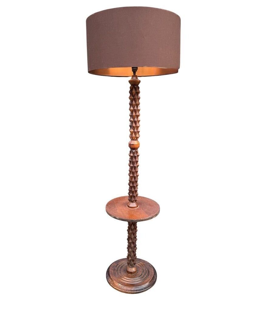 An Unusual French 1940s Brutalist Oak Floor Lamp Attributed To Charles Dudouyt