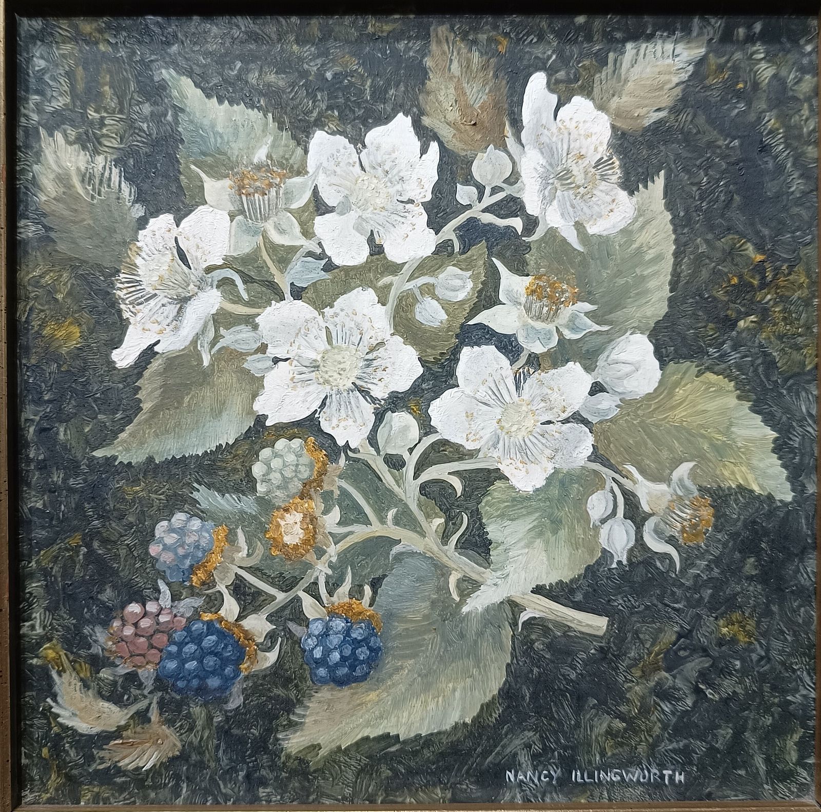 Original Oil Painting Still Life Black Berry And White Blossom Signed Nancy Illingworth. photo 85.0