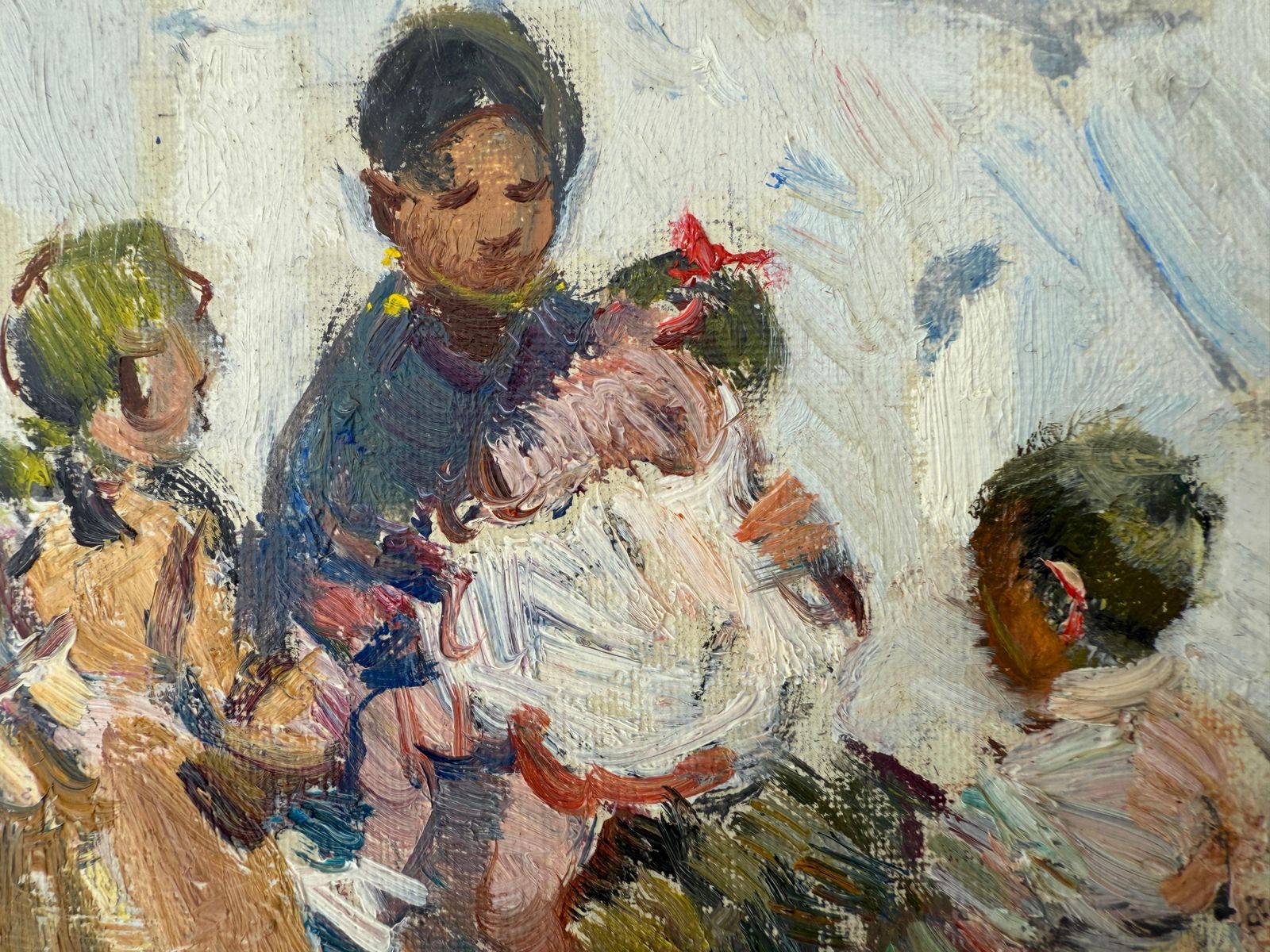 Ignacio Gil Sala Street In Ibiza With Children Spanish Seascape Oil On Canvas Painting C.1980 photo 6550.0
