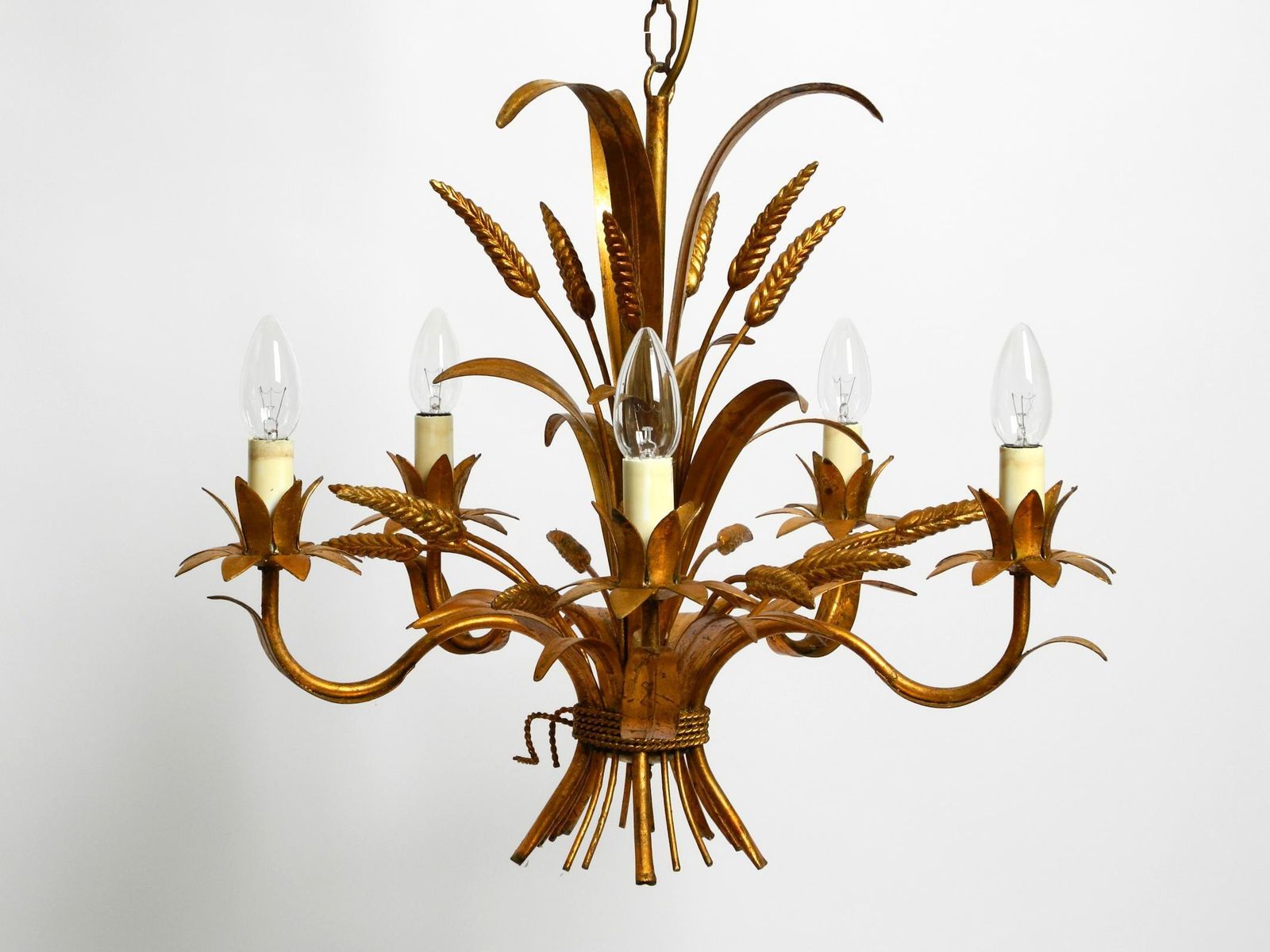 Beautiful 1970s Gold Plated 5 Arm Tall Metal Chandelier By Hans Kögl photo for sale