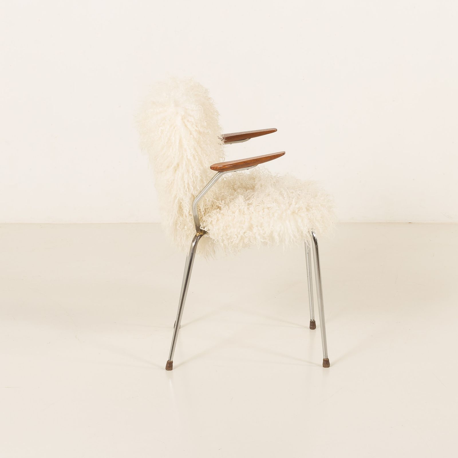 Mid Century Long Hair Sheepskin Chair In The Style Of Arne Jacobsen, Denmark 1950s photo Furniture