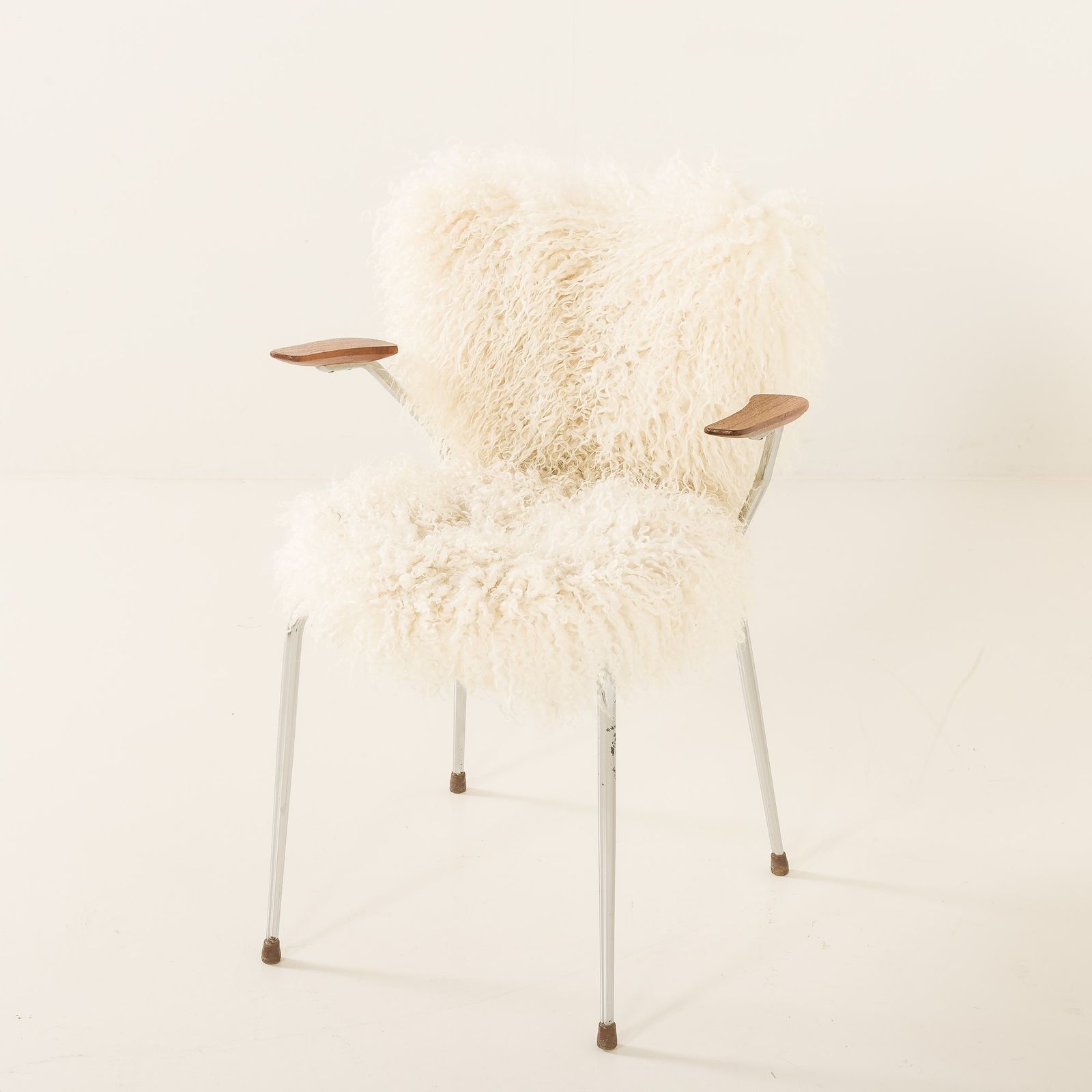 Furniture Mid Century Long Hair Sheepskin Chair In The Style Of Arne Jacobsen, Denmark 1950s photo