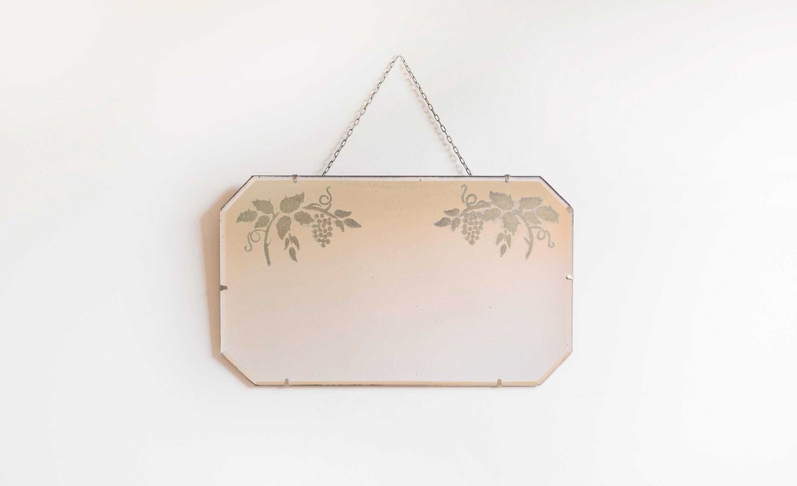 Art Deco Wall Mirror With Grapes Motif & Hanging Chain   Antique Frameless Etched Glass Mirror photo furniture