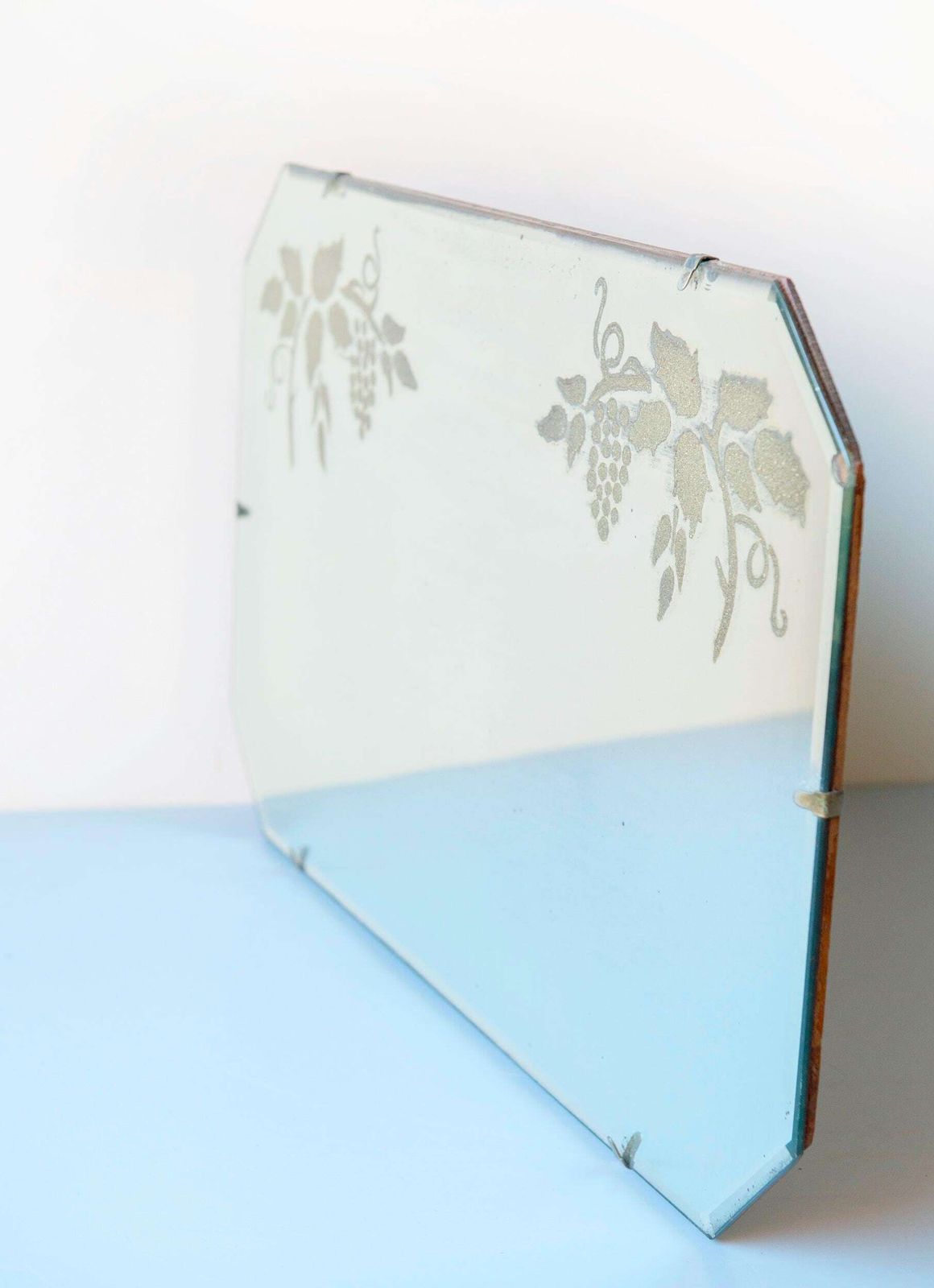 Art Deco Wall Mirror With Grapes Motif & Hanging Chain   Antique Frameless Etched Glass Mirror photo 295.0