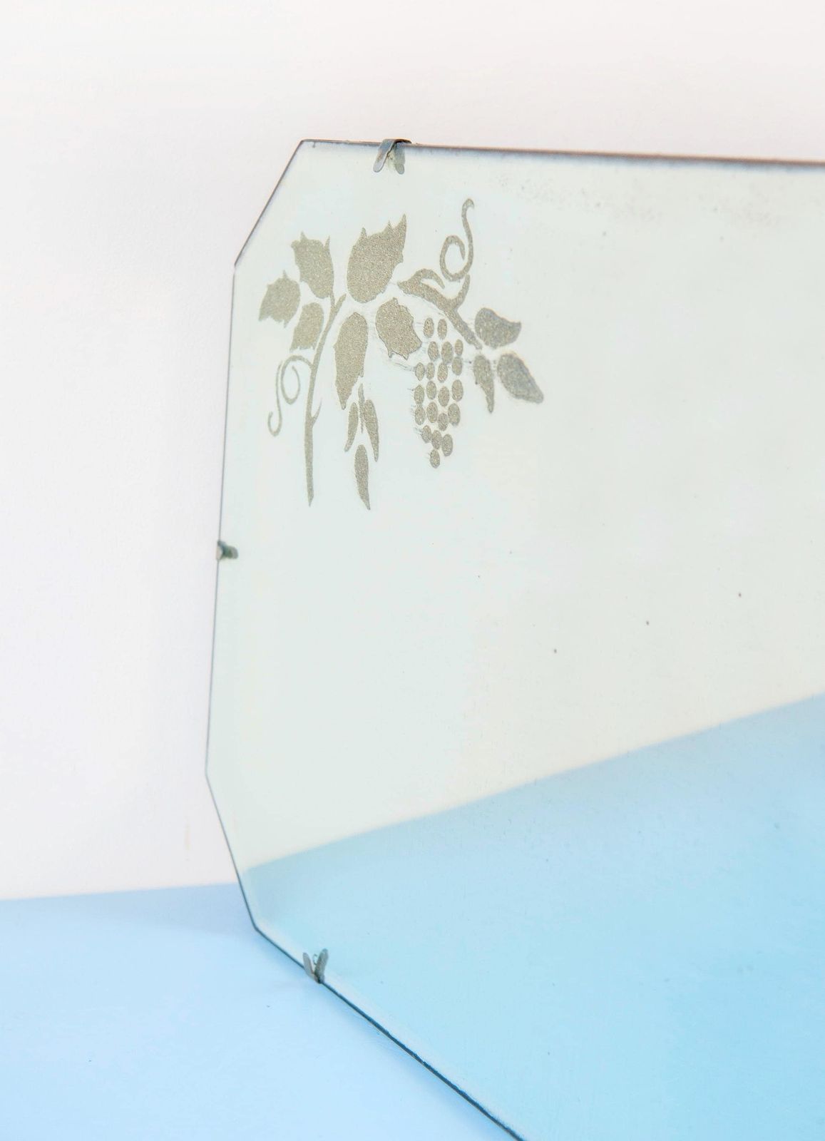 Art Deco Wall Mirror With Grapes Motif & Hanging Chain   Antique Frameless Etched Glass Mirror photo vintage