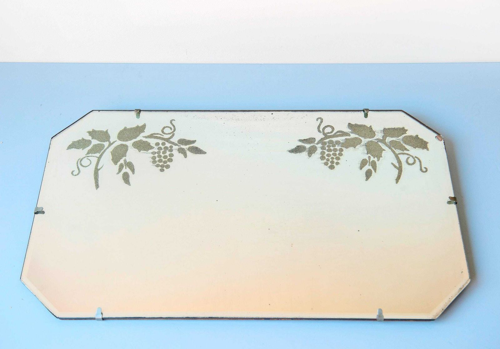photo for sale Art Deco Wall Mirror With Grapes Motif & Hanging Chain   Antique Frameless Etched Glass Mirror