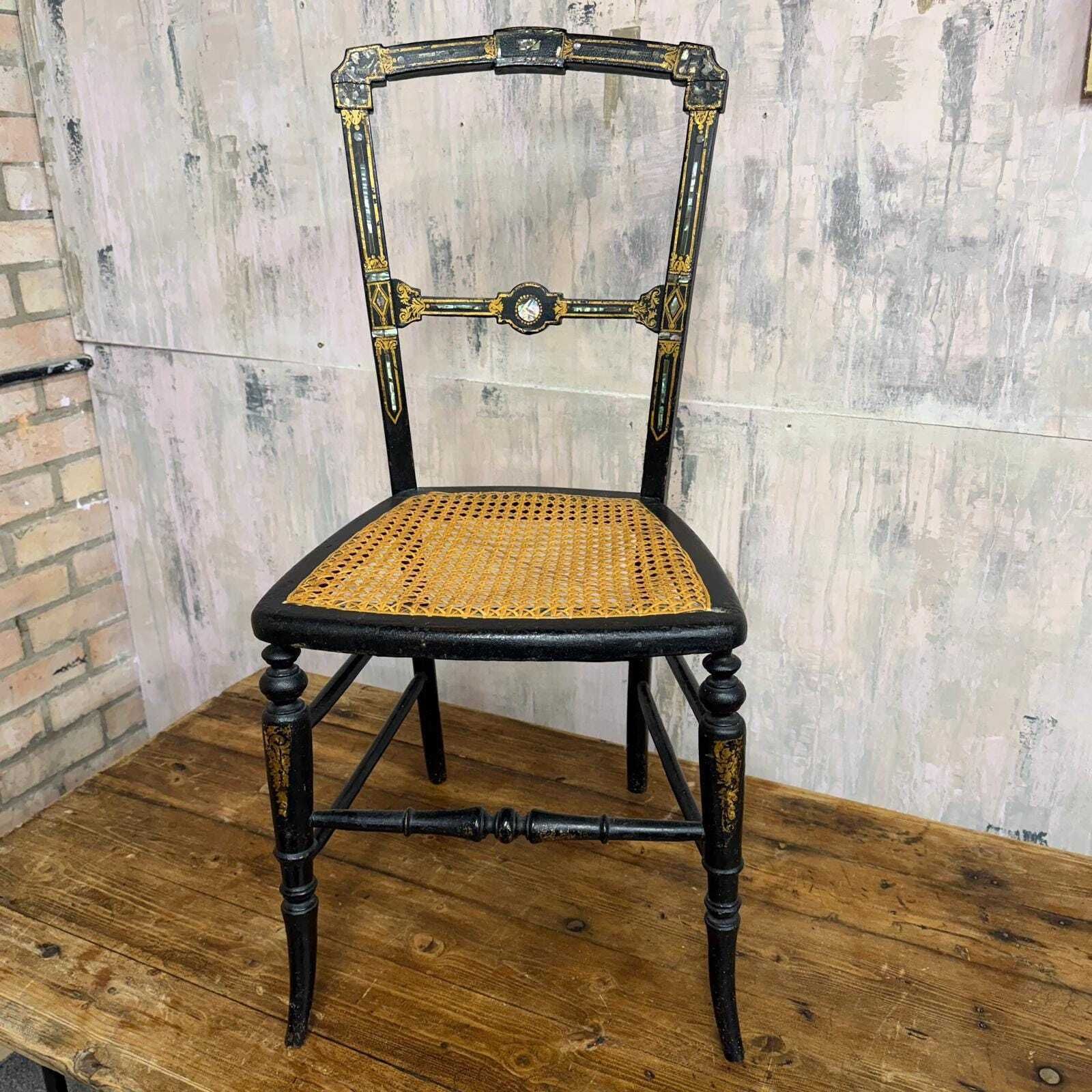 Antique Victorian Ebonised Wooden Chair Aesthetic Movement Inlaid Mother Of Pea