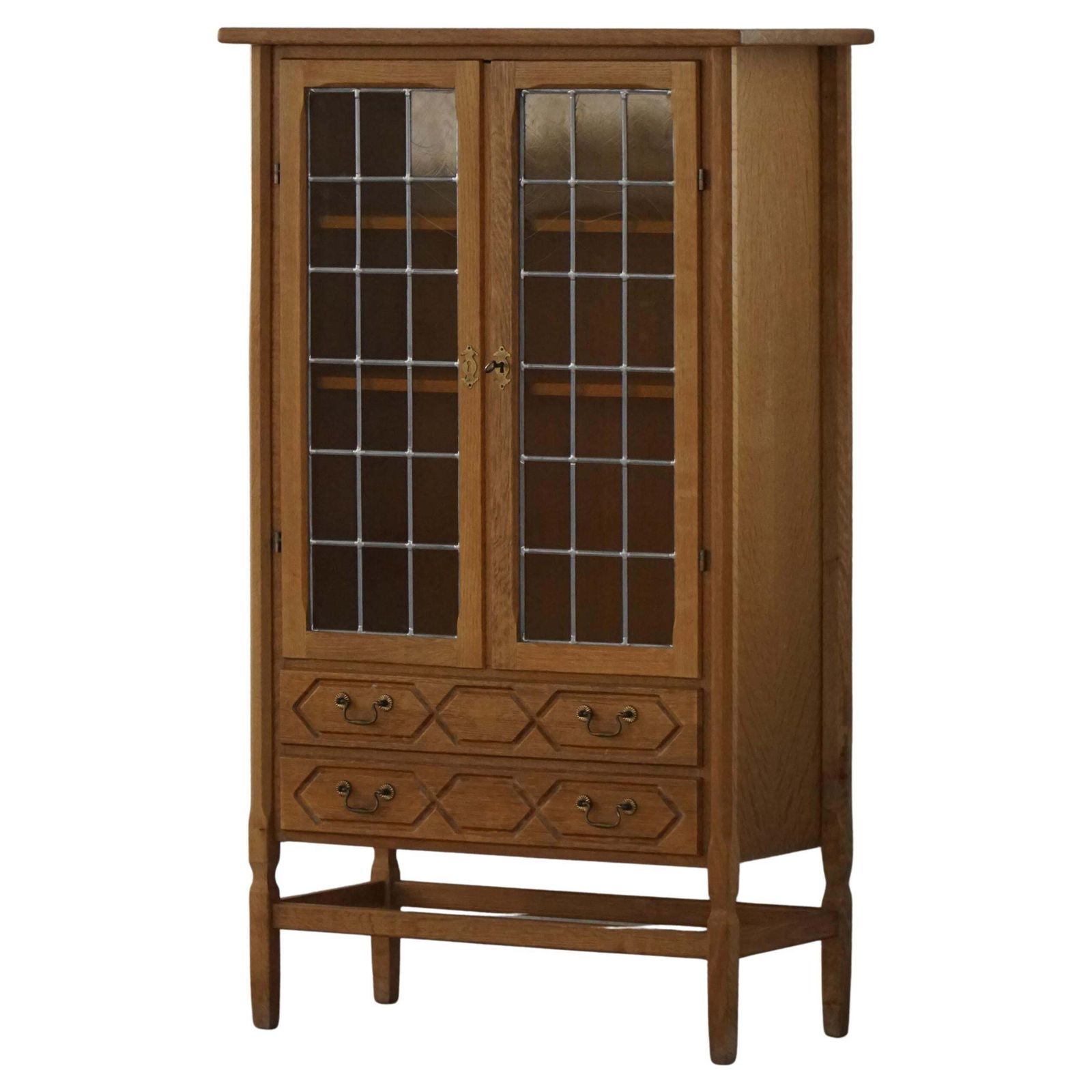 Danish Mid Century, Modern Oak Display Cabinet With Leaded Glass, 1960s
