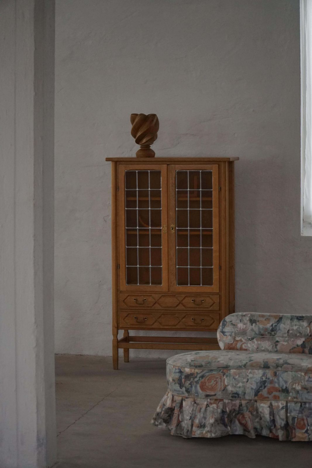 photo furniture Danish Mid Century, Modern Oak Display Cabinet With Leaded Glass, 1960s