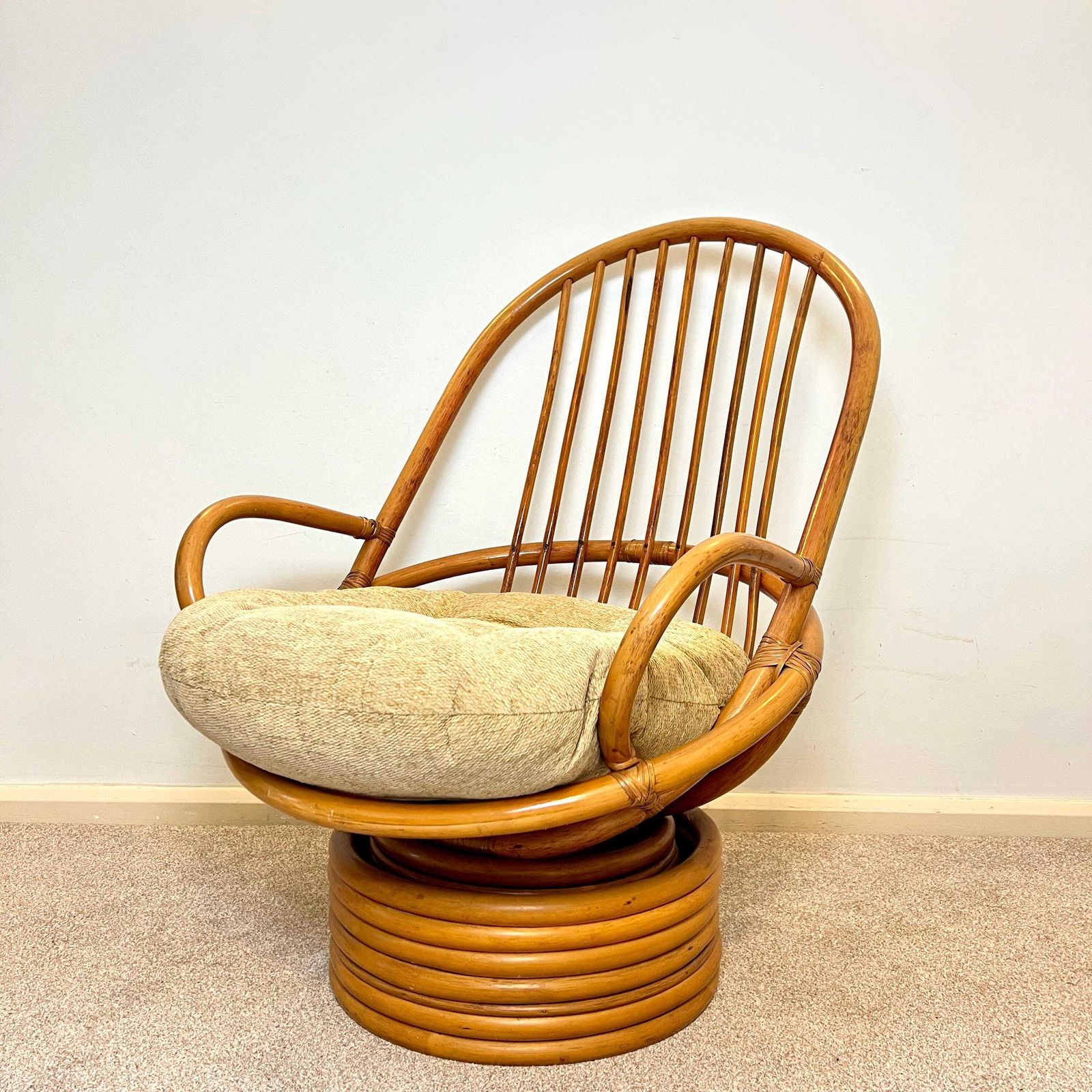 Vintage Bamboo Cane Swivel Egg Chair With Seat Cushion photo for sale