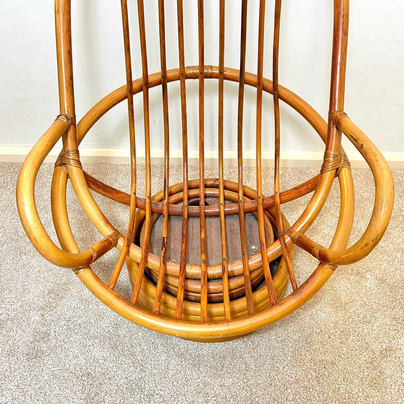 Furniture Vintage Bamboo Cane Swivel Egg Chair With Seat Cushion photo