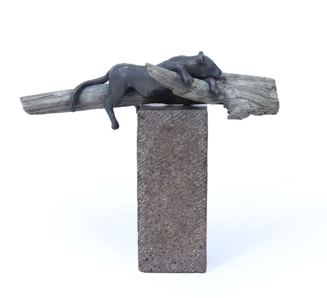 Bronze Sculpture Of A Resting Lioness On Cold Painted Log