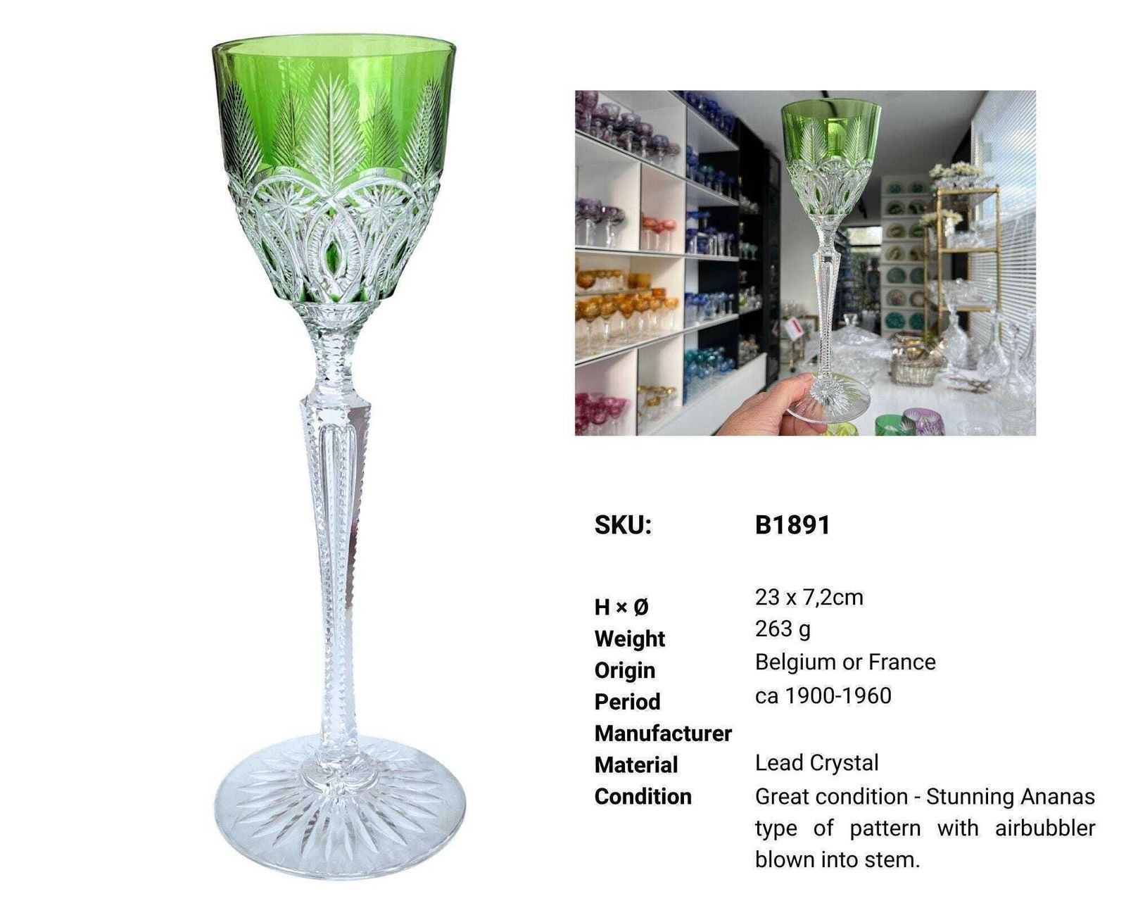 Groen Geslepen Kristallen Wijnglas | Exclusief België | Ananaspatroon photo vintage