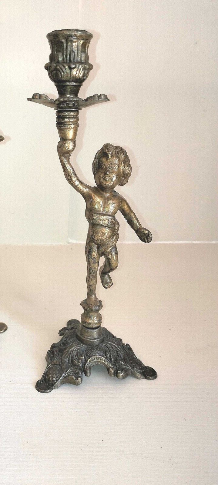 Vintage French Brass Cherub Candlestick, Art Nouveau Candle Holder