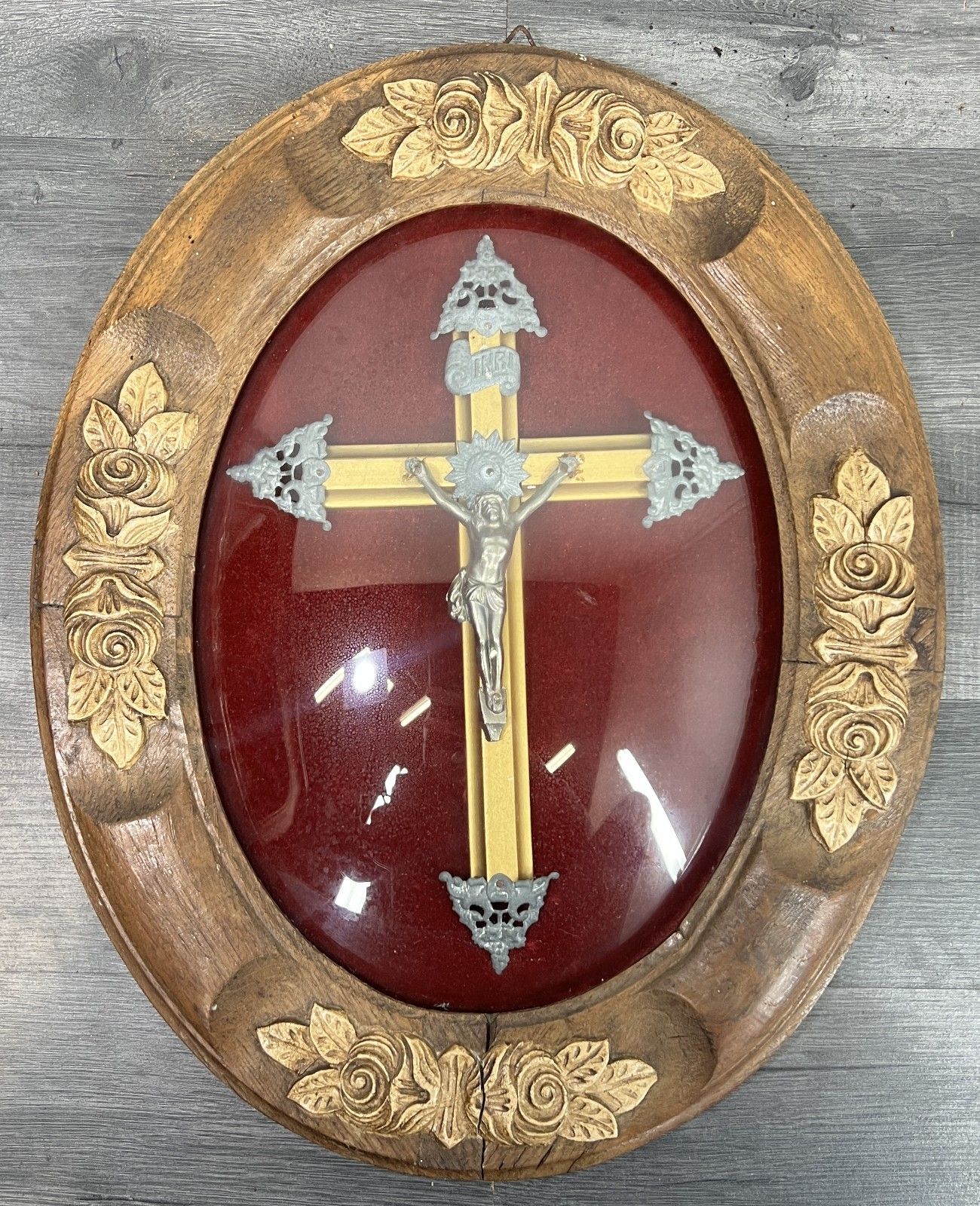 Crucifix Vintage French Style Oak Carved Wall Cross Religious Lot 4770