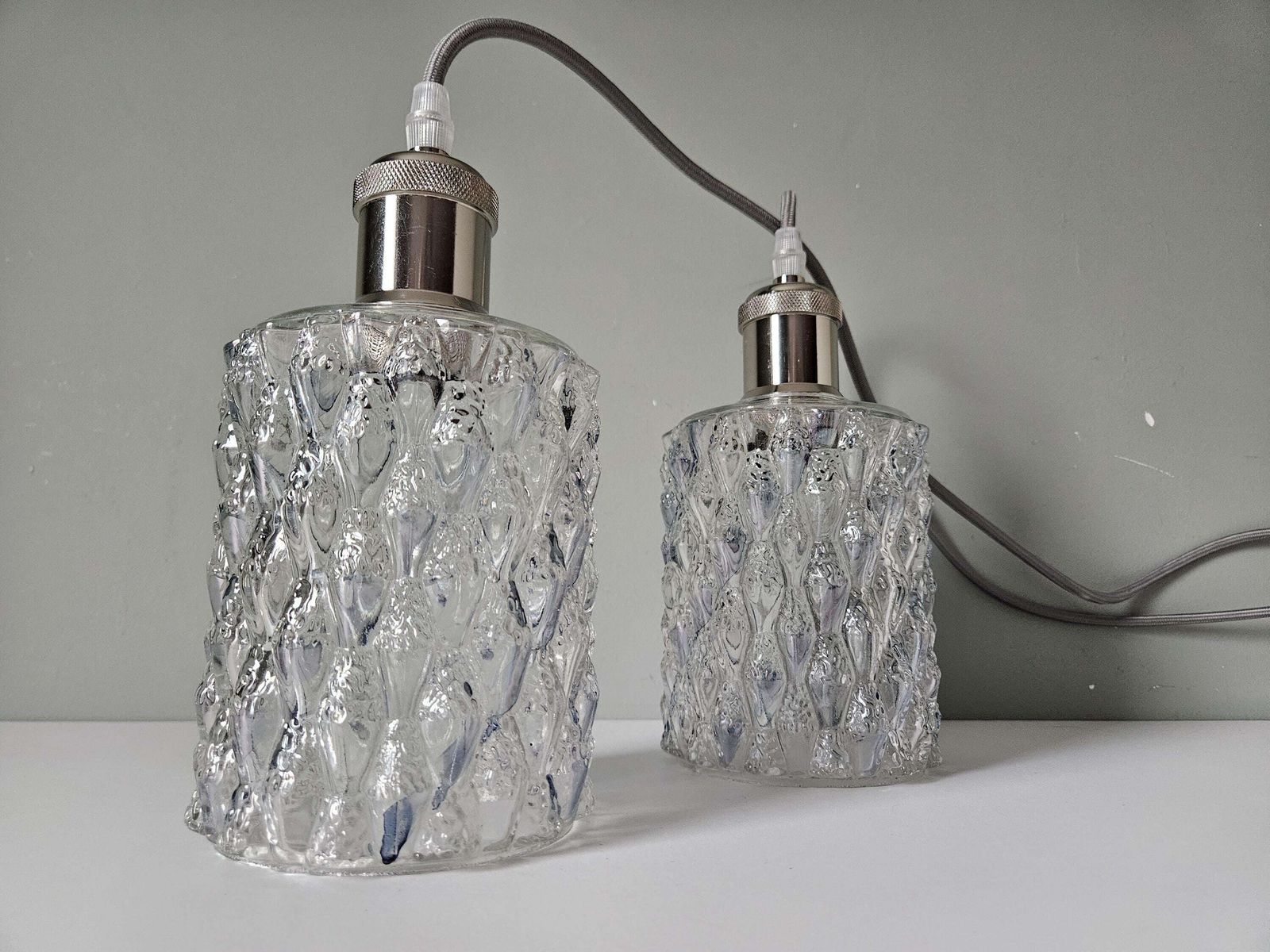 Set Of 3 / Vintage Textured Glass Pendant Light – Clear Pressed Glass, Rewired photo buy