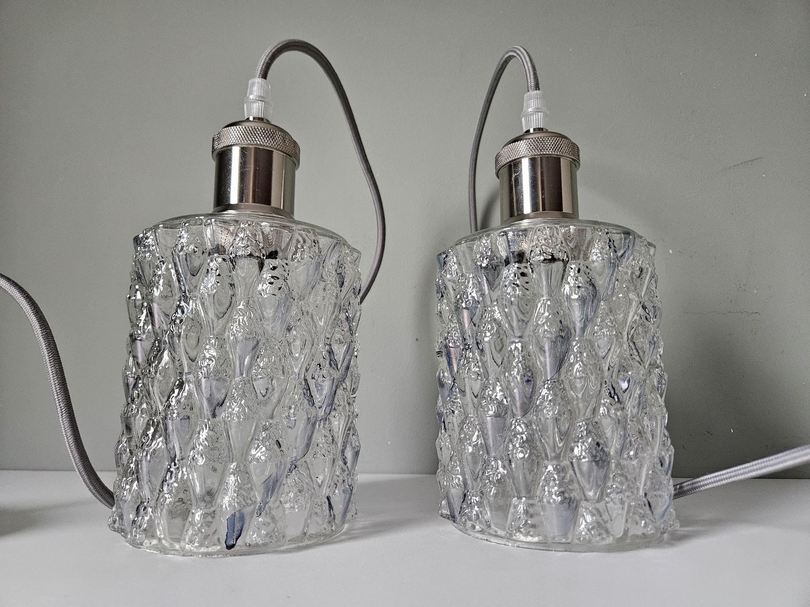photo furniture Set Of 3 / Vintage Textured Glass Pendant Light – Clear Pressed Glass, Rewired