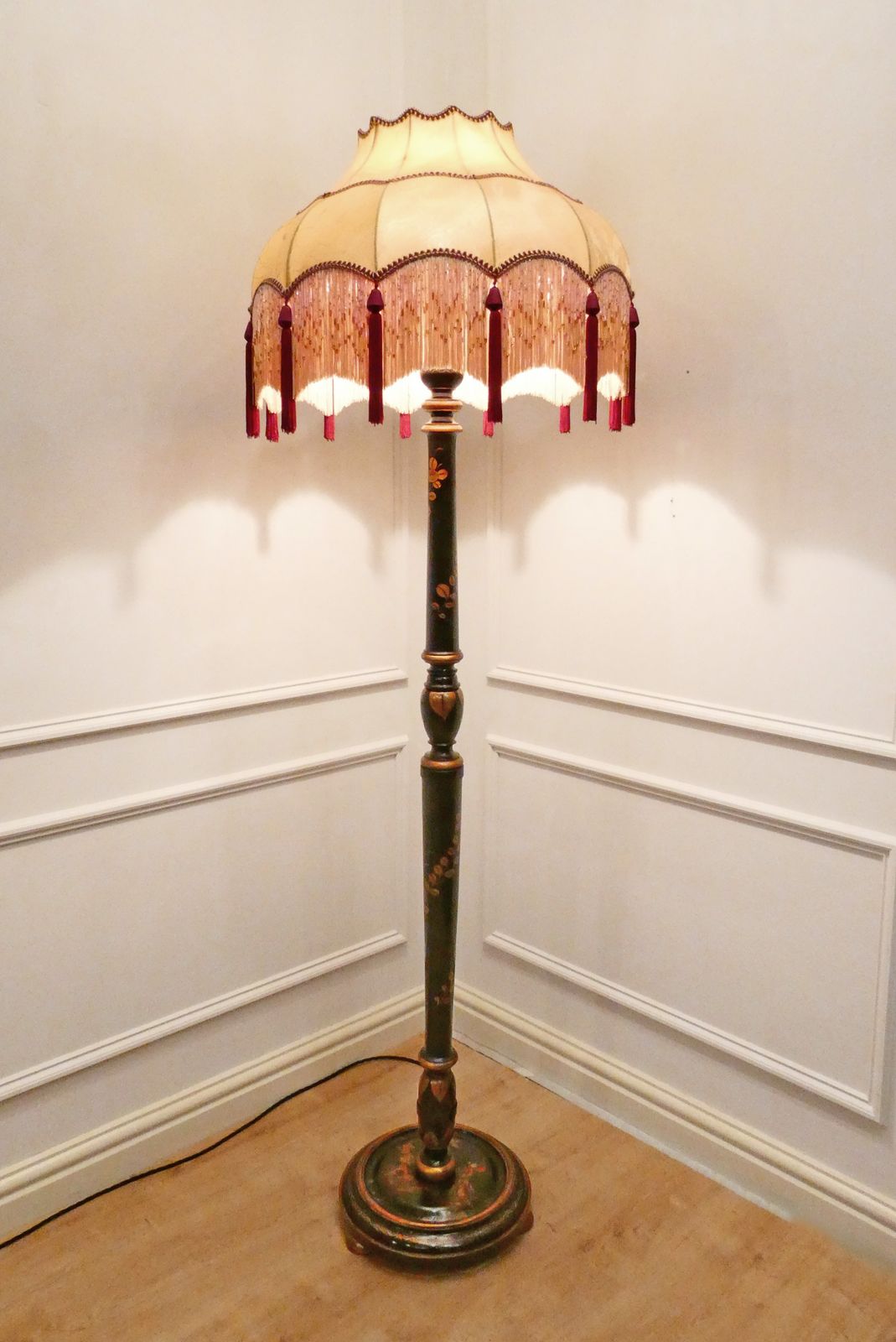 photo for sale Edwardian Black Lacquered Chinoiserie Standard Floor Lamp