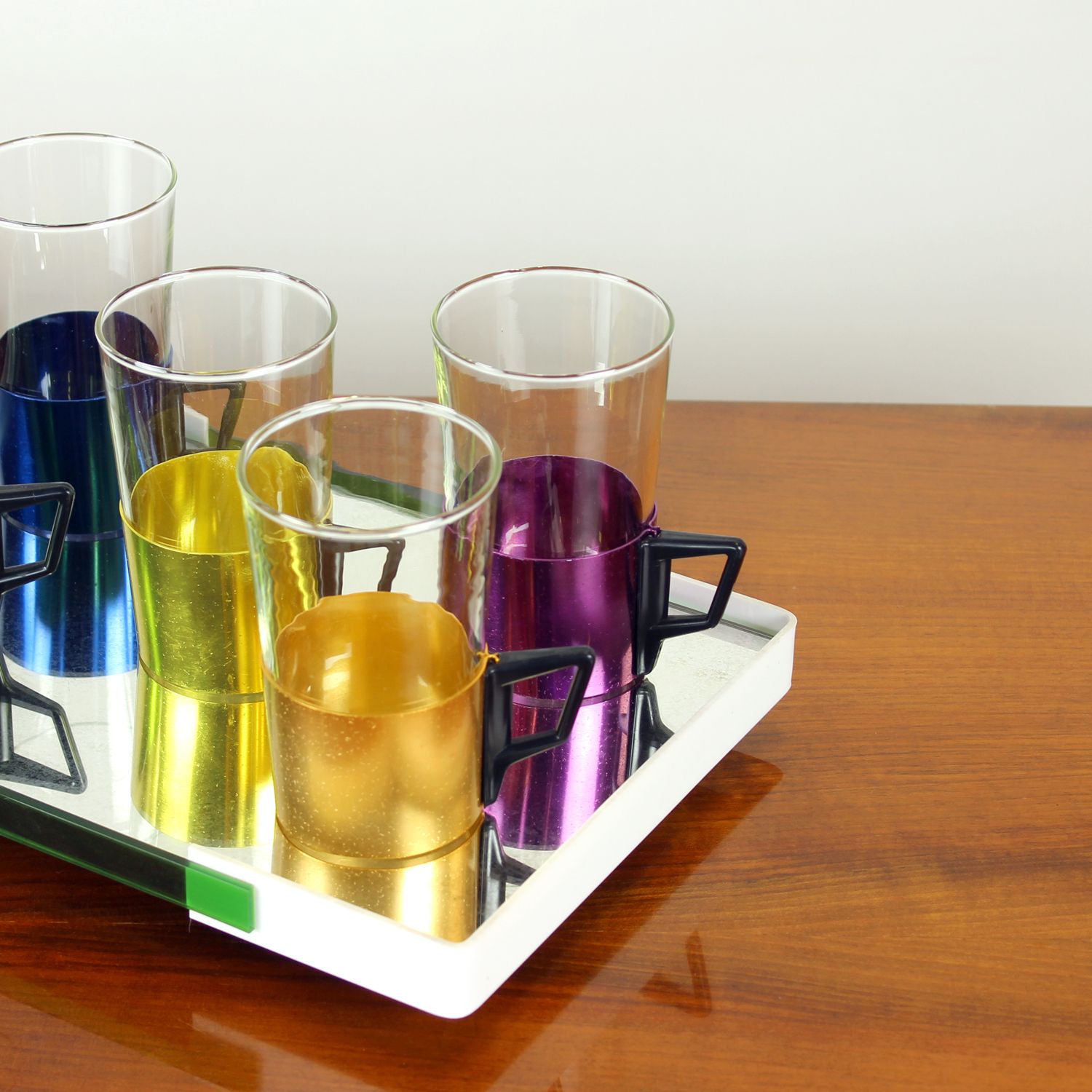 Set Of Colorful Drinking Glasses With A Tray, Czechoslovakia 1960s photo for sale