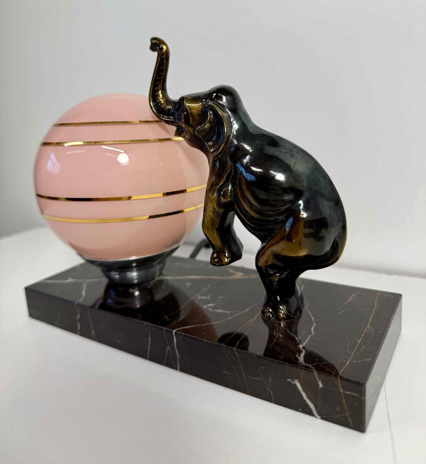 French Art Deco Table Lamp With Elephant Sculpture And Pink Sphere, 1950s photo 797.0