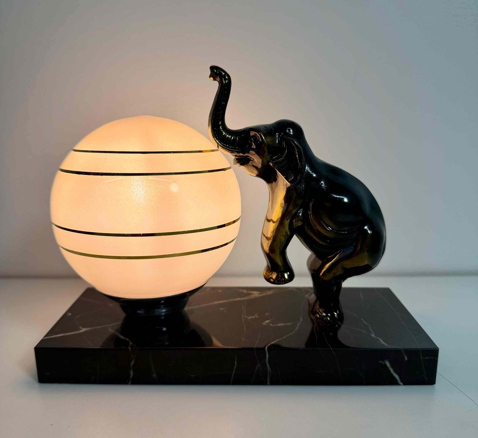 French Art Deco Table Lamp With Elephant Sculpture And Pink Sphere, 1950s photo buy