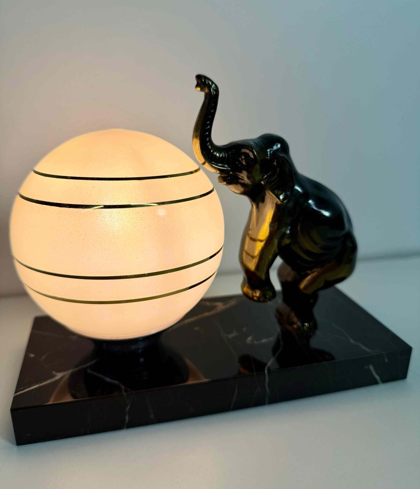 French Art Deco Table Lamp With Elephant Sculpture And Pink Sphere, 1950s photo vintage