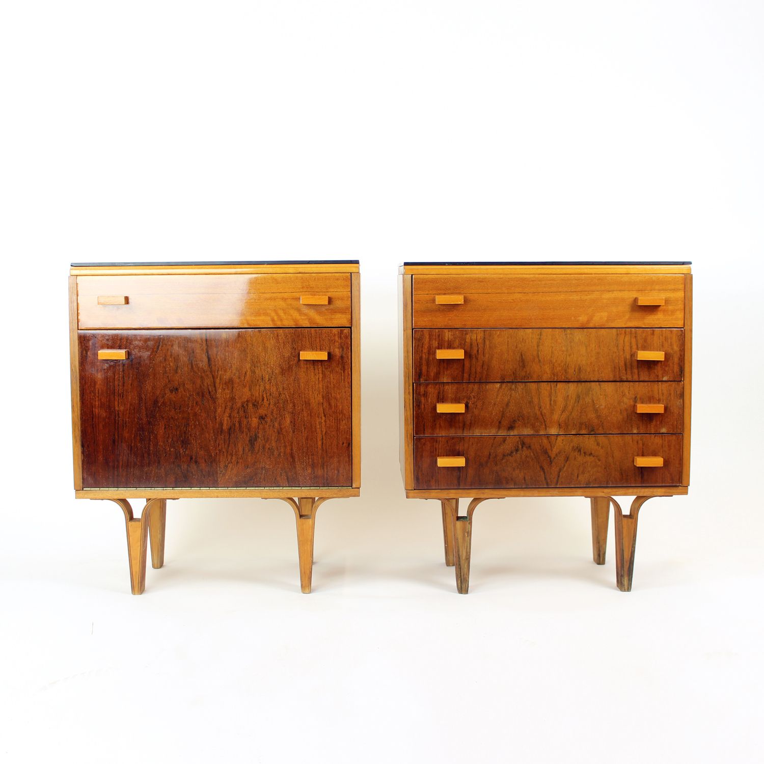 Set Of Mid Century Bedside Tables In Walnut And Black Glass, Czechoslovakia 1960s photo for sale