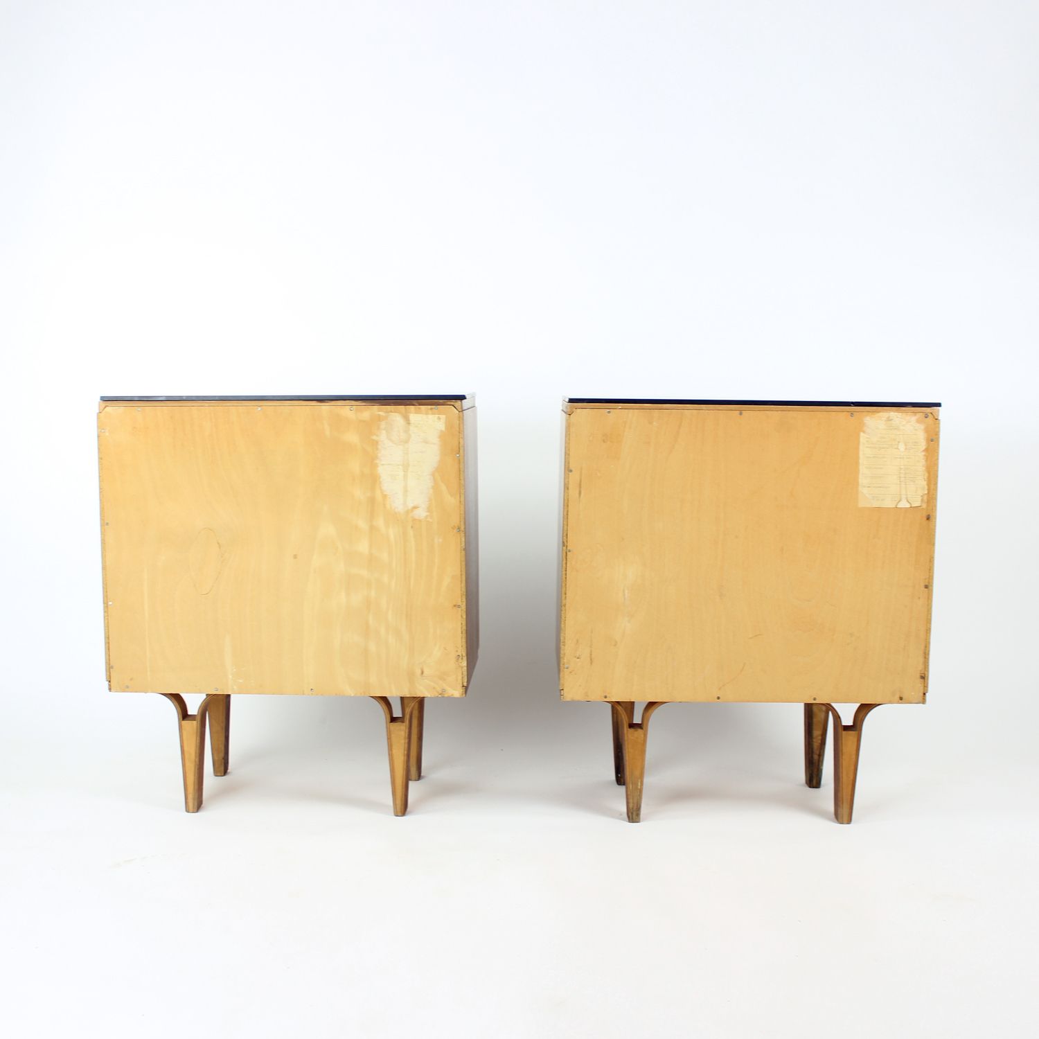photo for sale Set Of Mid Century Bedside Tables In Walnut And Black Glass, Czechoslovakia 1960s