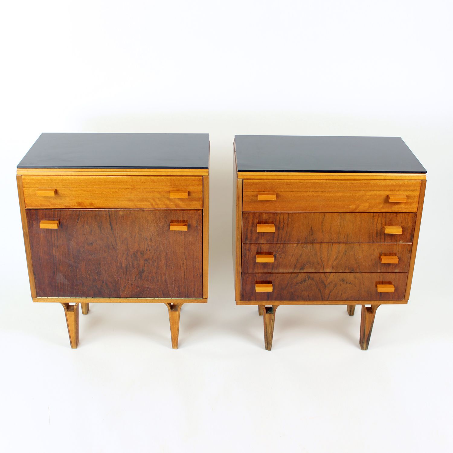 Set Of Mid Century Bedside Tables In Walnut And Black Glass, Czechoslovakia 1960s