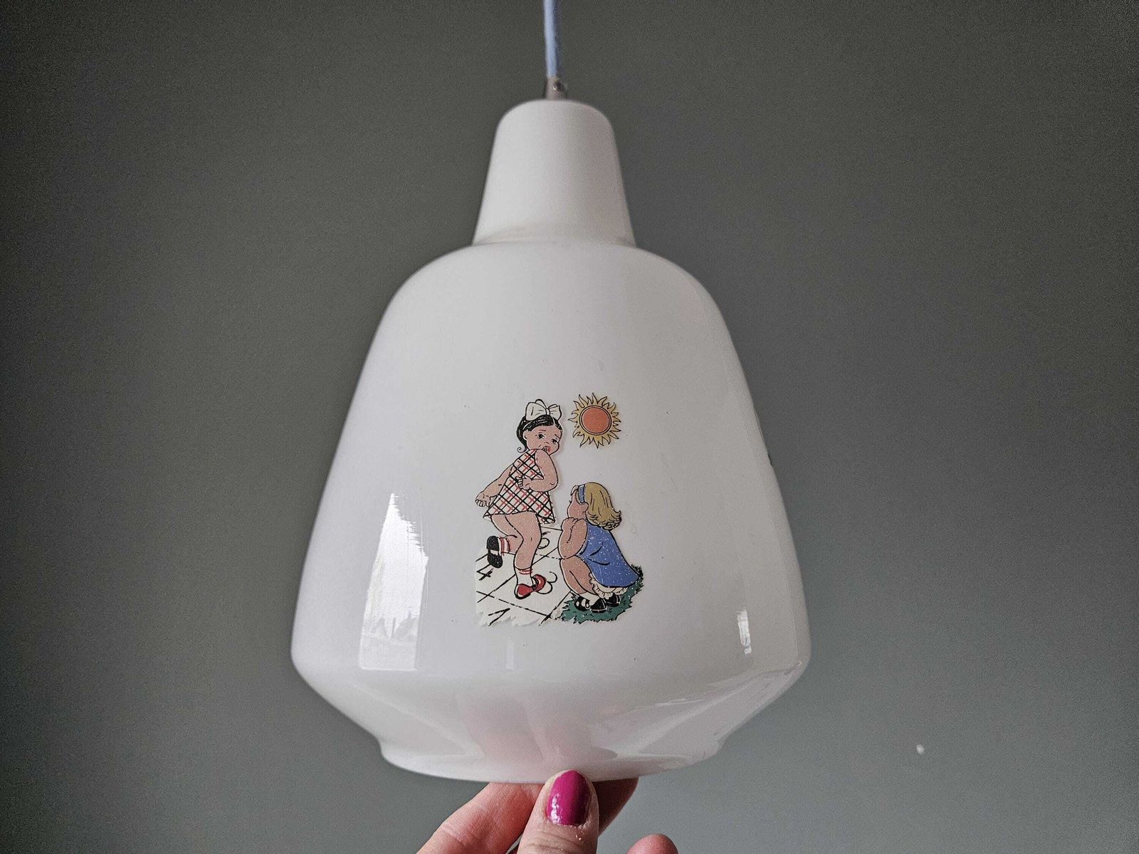 Vintage Children’s Glass Pendant Light – Illustrated Milk Glass, Rewired With Blue Textile Cable