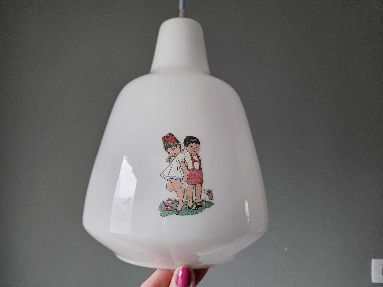 Vintage Children’s Glass Pendant Light – Illustrated Milk Glass, Rewired With Blue Textile Cable photo vinterior