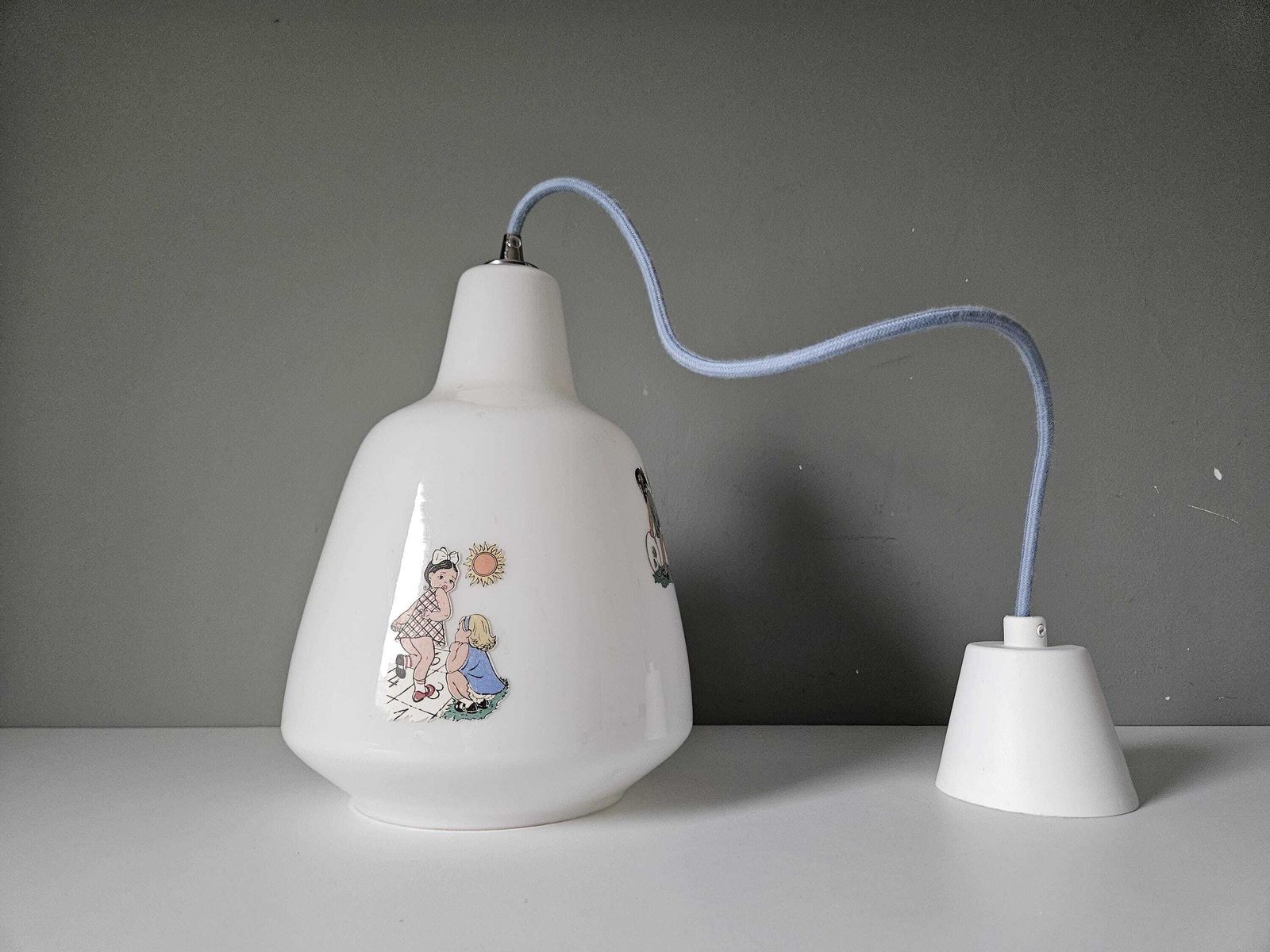 177.0 Vintage Children’s Glass Pendant Light – Illustrated Milk Glass, Rewired With Blue Textile Cable photo