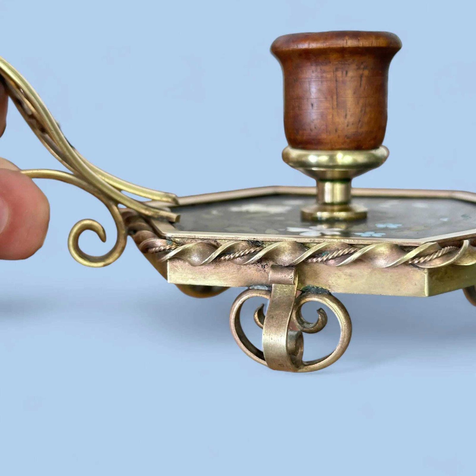 photo for sale Rare 19th Century French Pietra Dura Chamberstick, Floral Inlay Brass Candle Holder
