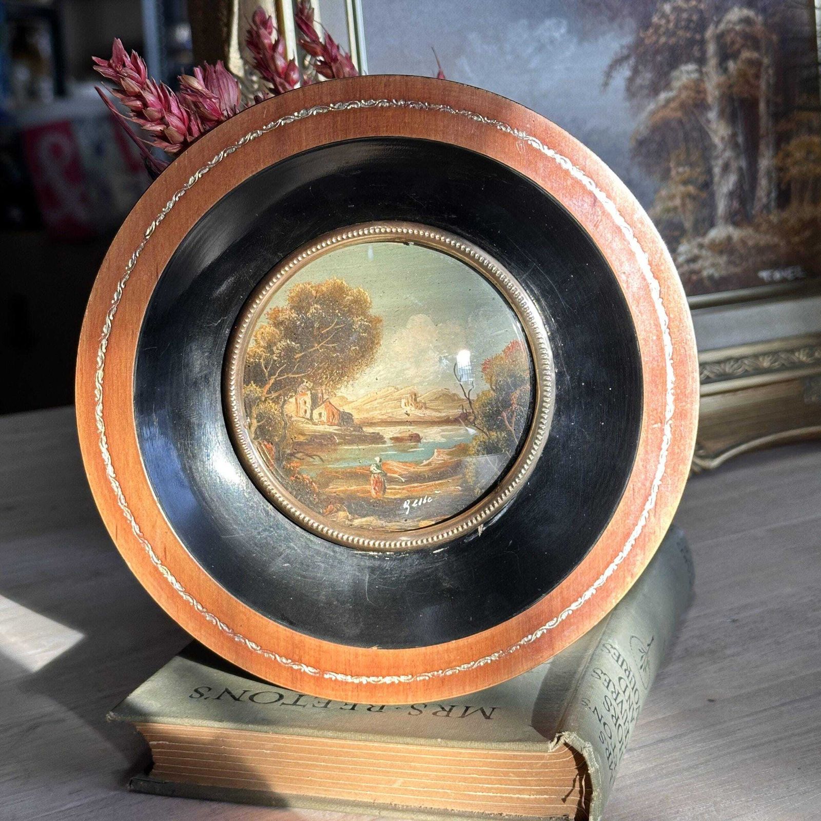 Antique Miniature Oil On Copper Landscape Round Tondo Frame Signed 19th C