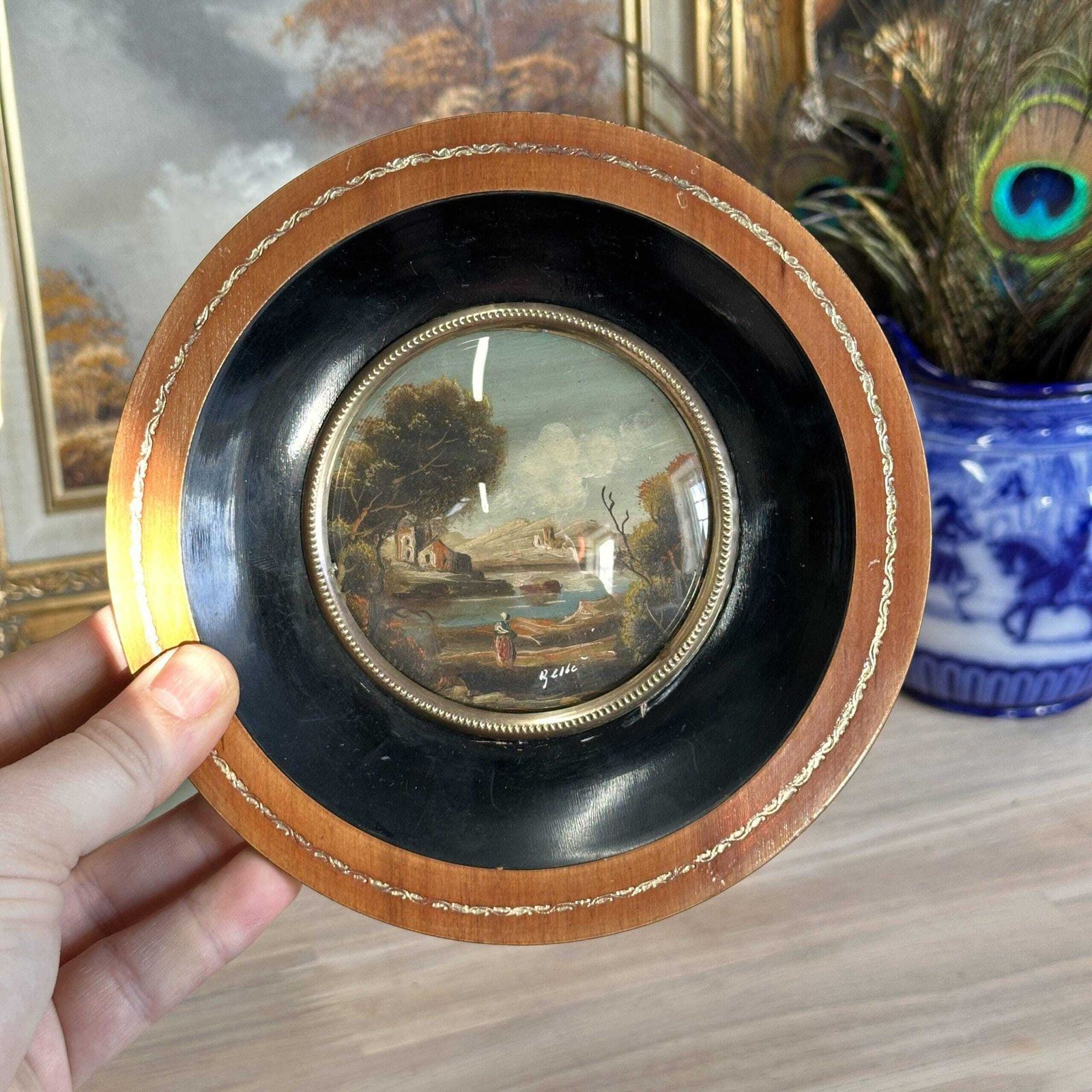 Antique Miniature Oil On Copper Landscape Round Tondo Frame Signed 19th C photo buy
