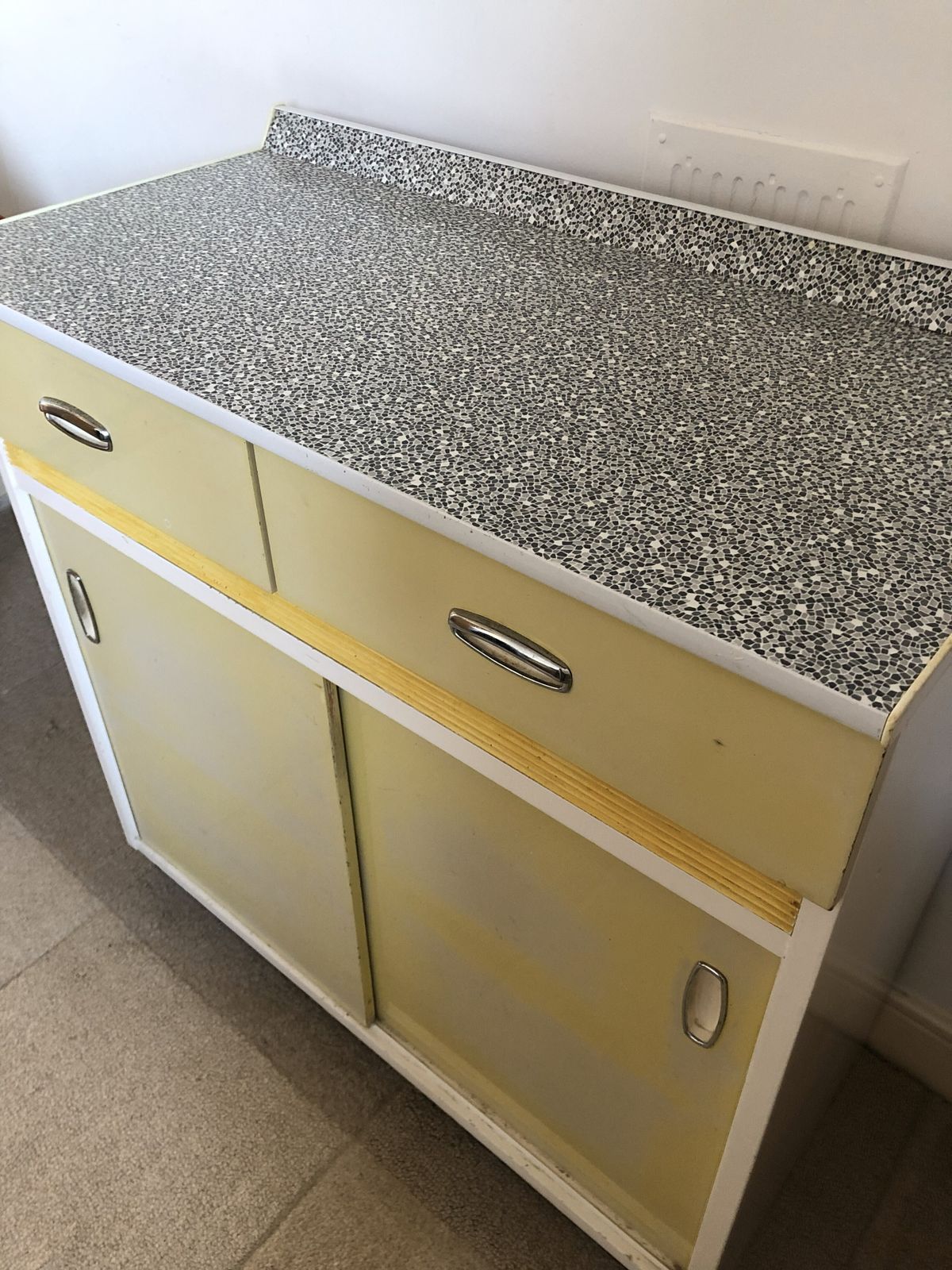 Rare 1950s 60s Formica Topped Kitchen Base Cupboard Yellow Sliding Doors Mid Century photo furniture