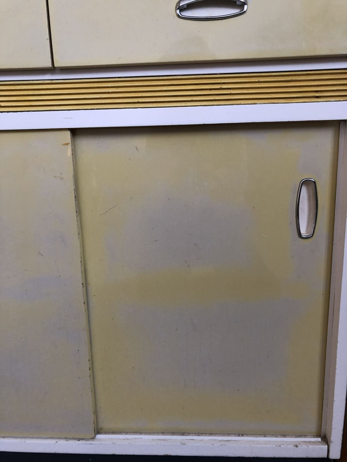 Furniture Rare 1950s 60s Formica Topped Kitchen Base Cupboard Yellow Sliding Doors Mid Century photo