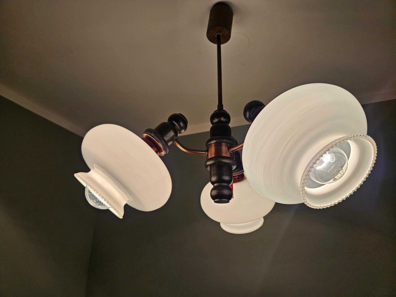Vintage 3 Light Ceiling Chandelier – Opaline Glass Shades, Mid Century Style photo 196.0