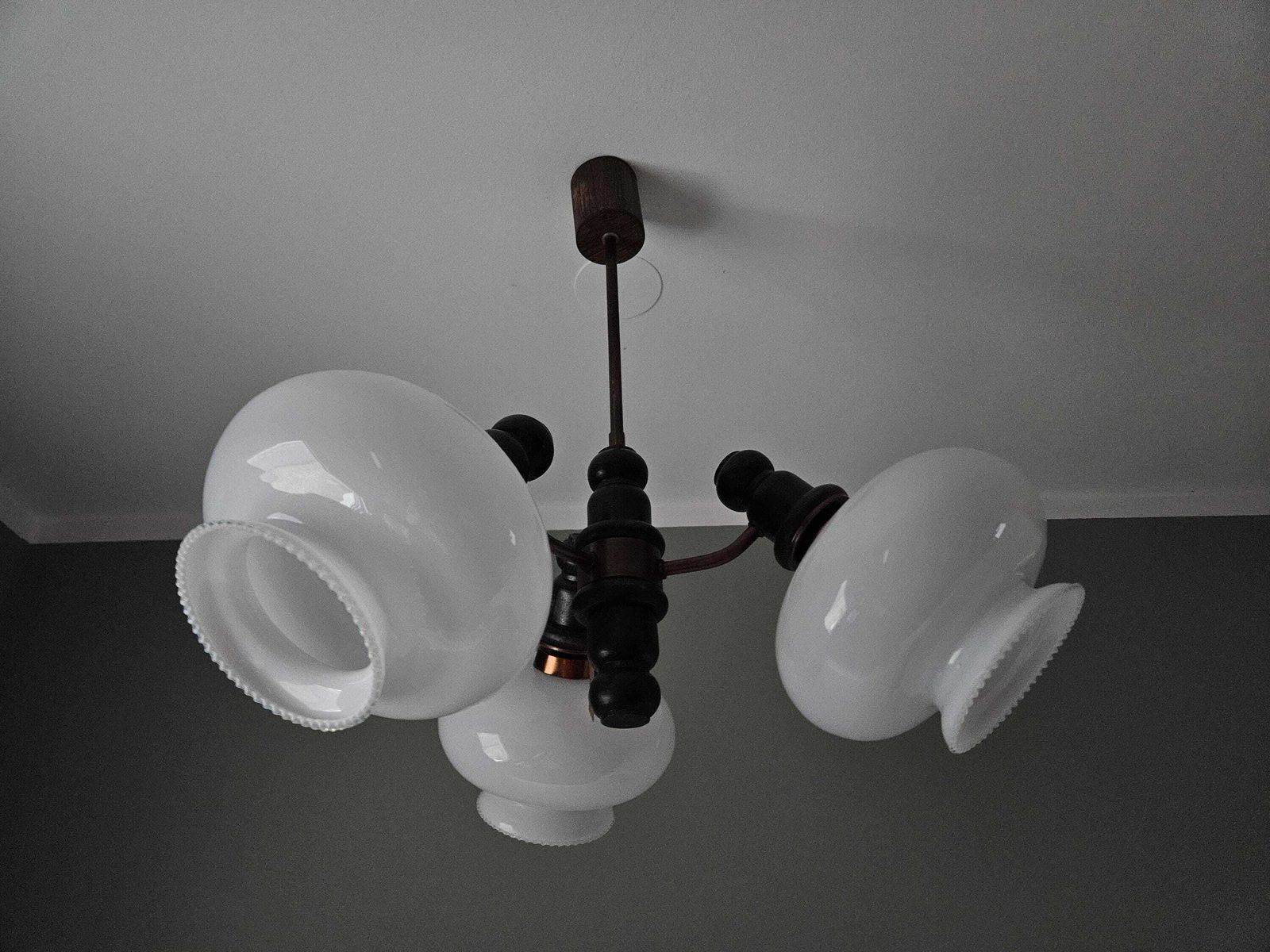 photo for sale Vintage 3 Light Ceiling Chandelier – Opaline Glass Shades, Mid Century Style