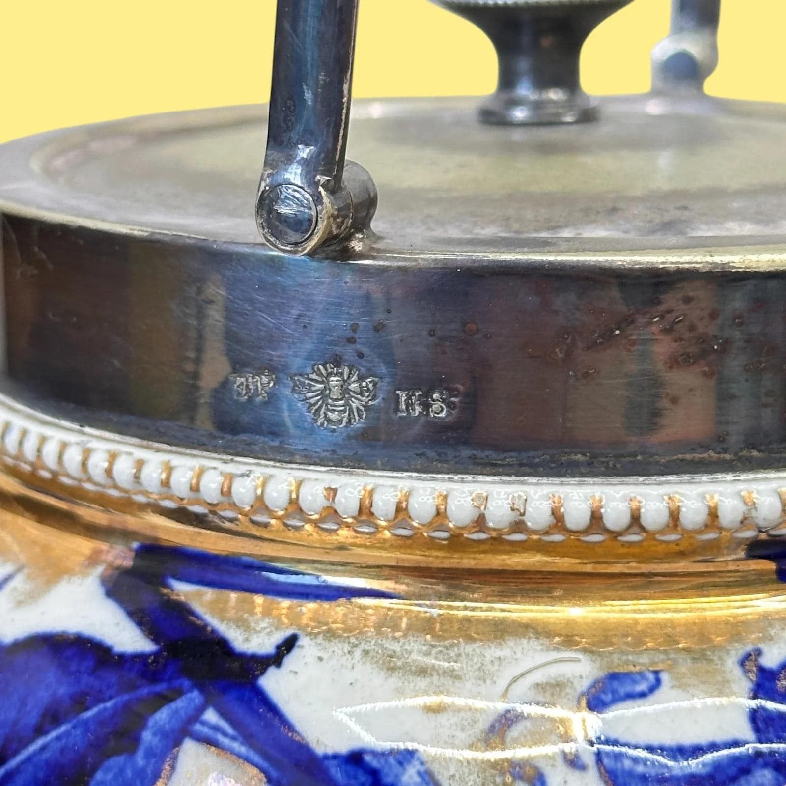 Antique Royal Crown Derby Biscuit Barrel With Epns Silver Plate Lid, Blue & Gold photo buy