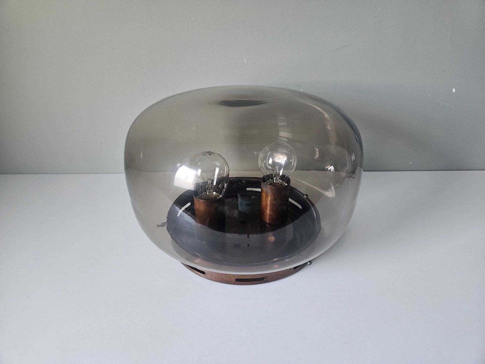 Vintage Glass Flush Mount Ceiling Light | Smoked Glass Shade | Copper Tone Fixture | Mid Century Style photo Lighting