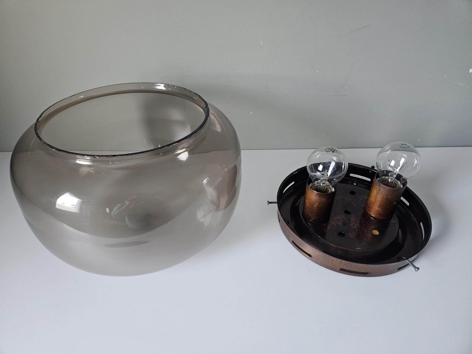 Vintage Glass Flush Mount Ceiling Light | Smoked Glass Shade | Copper Tone Fixture | Mid Century Style photo buy