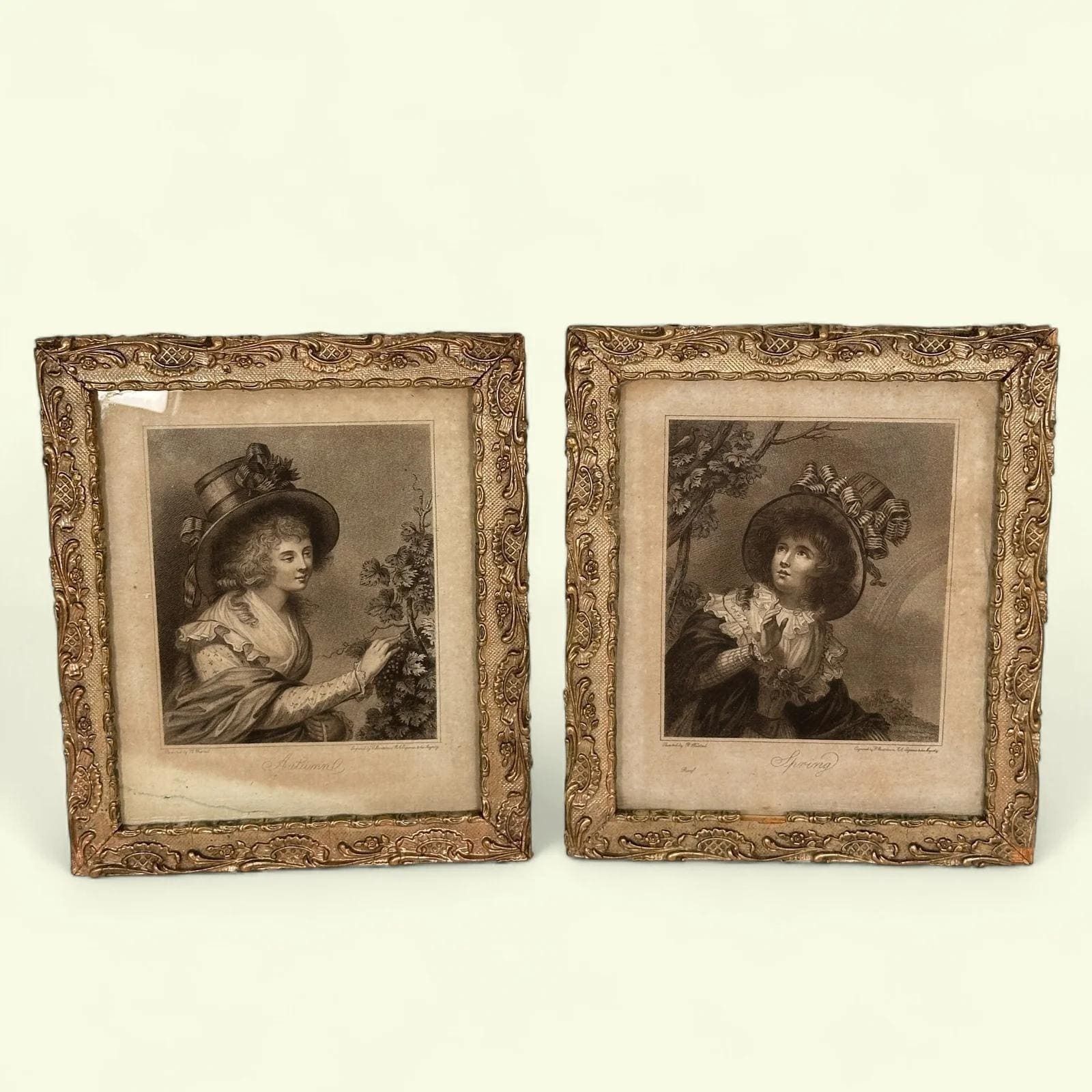 Antique Bartolozzi Stipple Engravings Pair, Proof Print, R. Westall, Seasons, Gilt Frame